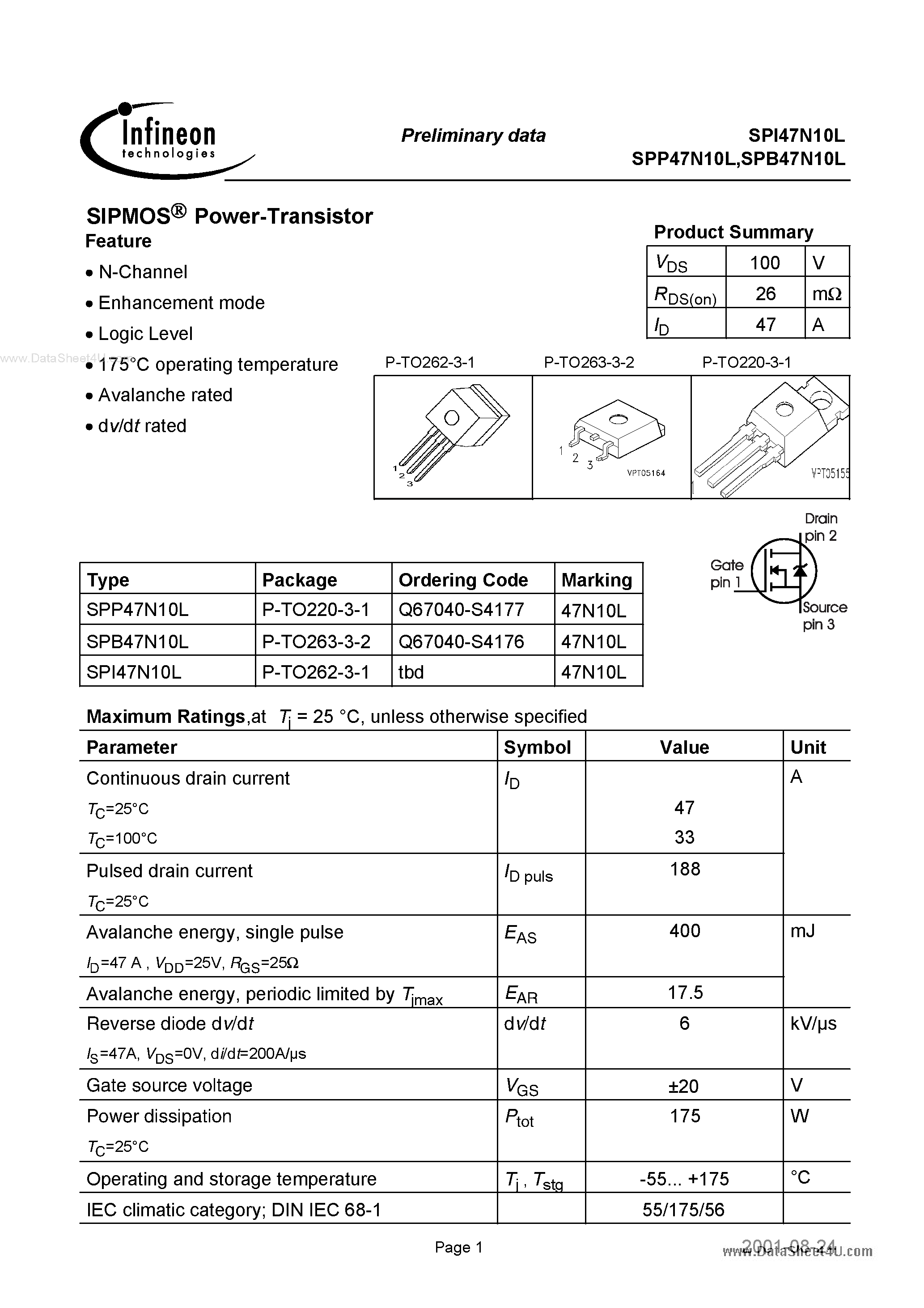 Даташит SPI47N10L - SIPMOS Power-Transistor страница 1