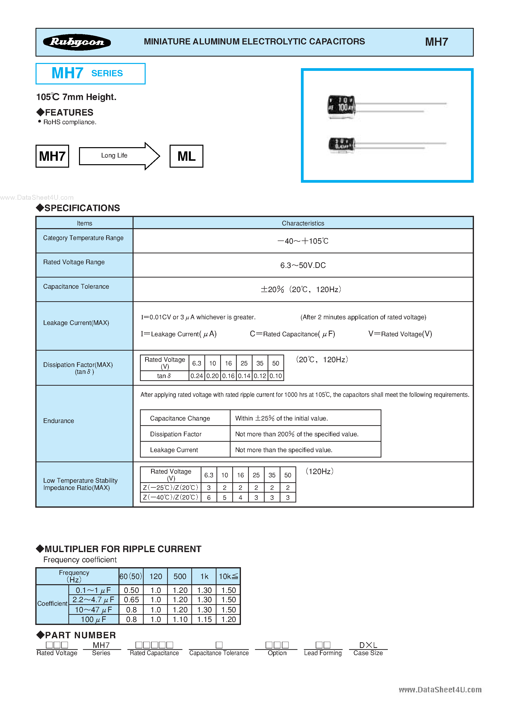 Datasheet MH7 - MINIATURE ALUMINUM ELECTROLYTIC CAPACITORS page 1