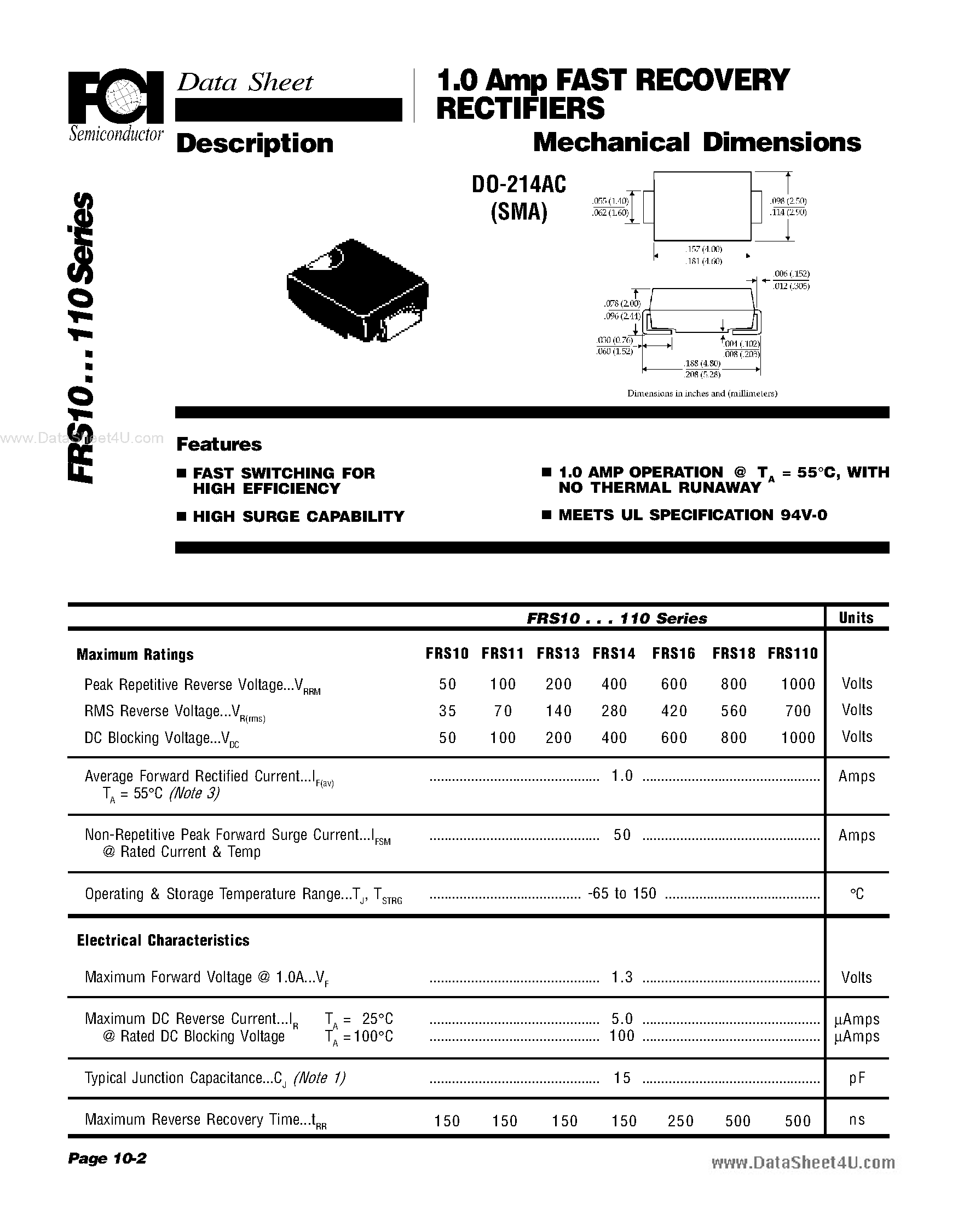 Datasheet FRS10 page 1 Datasheet FRS10 - (FRS10 - FRS110) 1.0 Amp FAST RECOVERY RECTIFIERS page 1