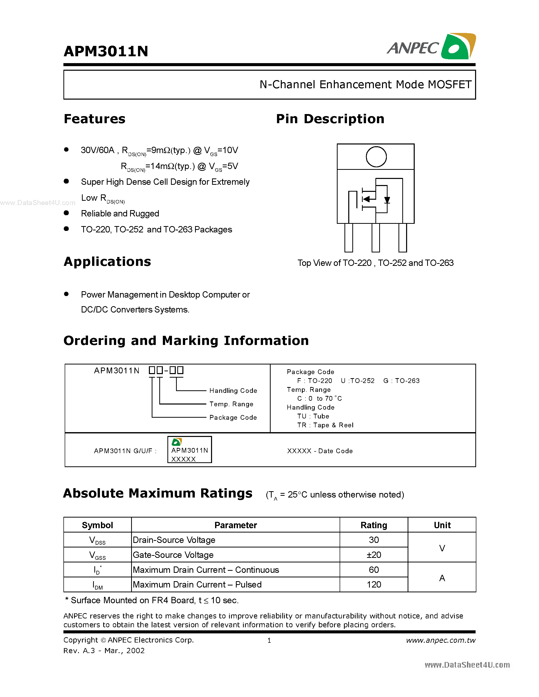 Datasheet APM3011N - N-Channel Enhancement Mode MOSFET page 1
