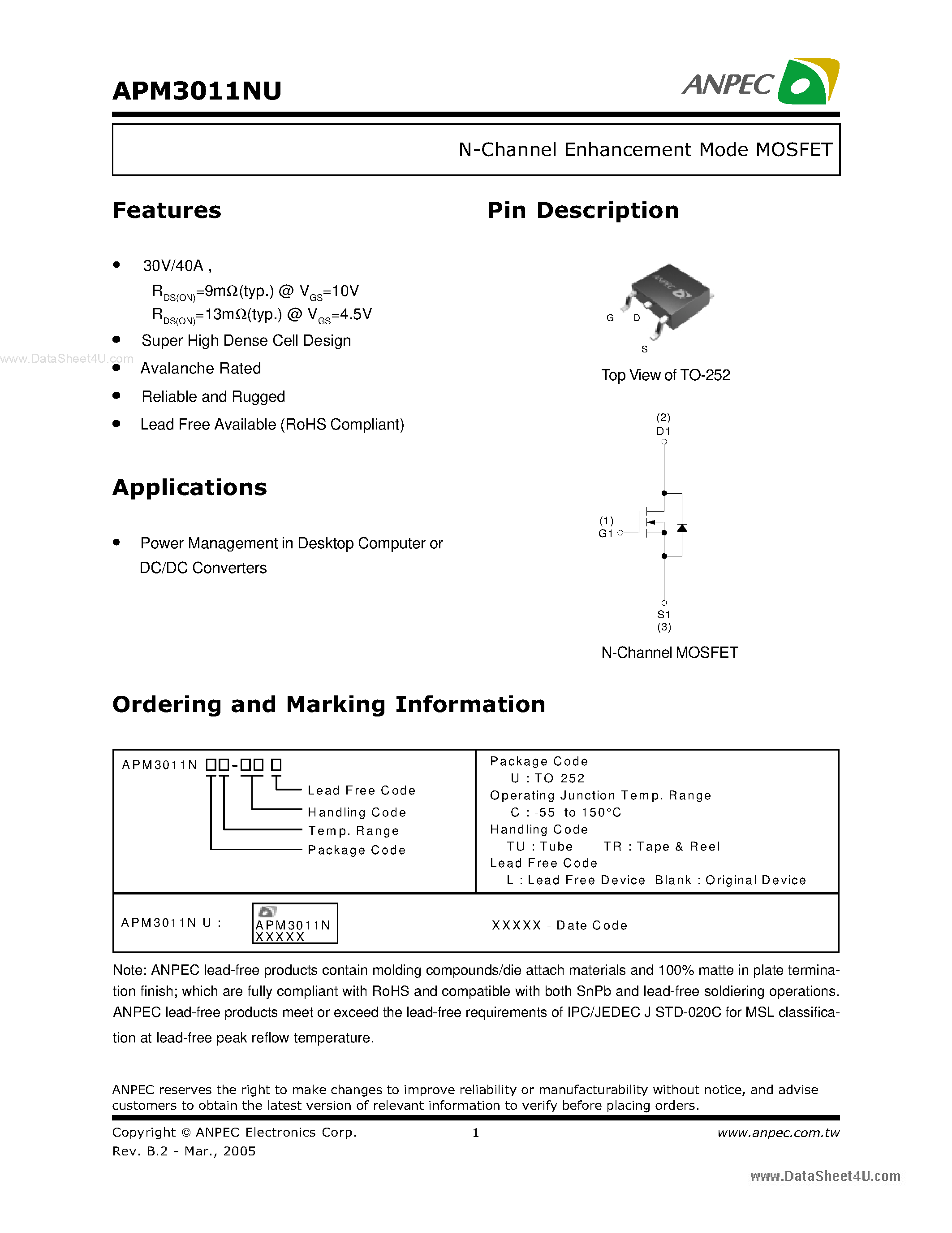 Datasheet APM3011NU - N-Channel Enhancement Mode MOSFET page 1
