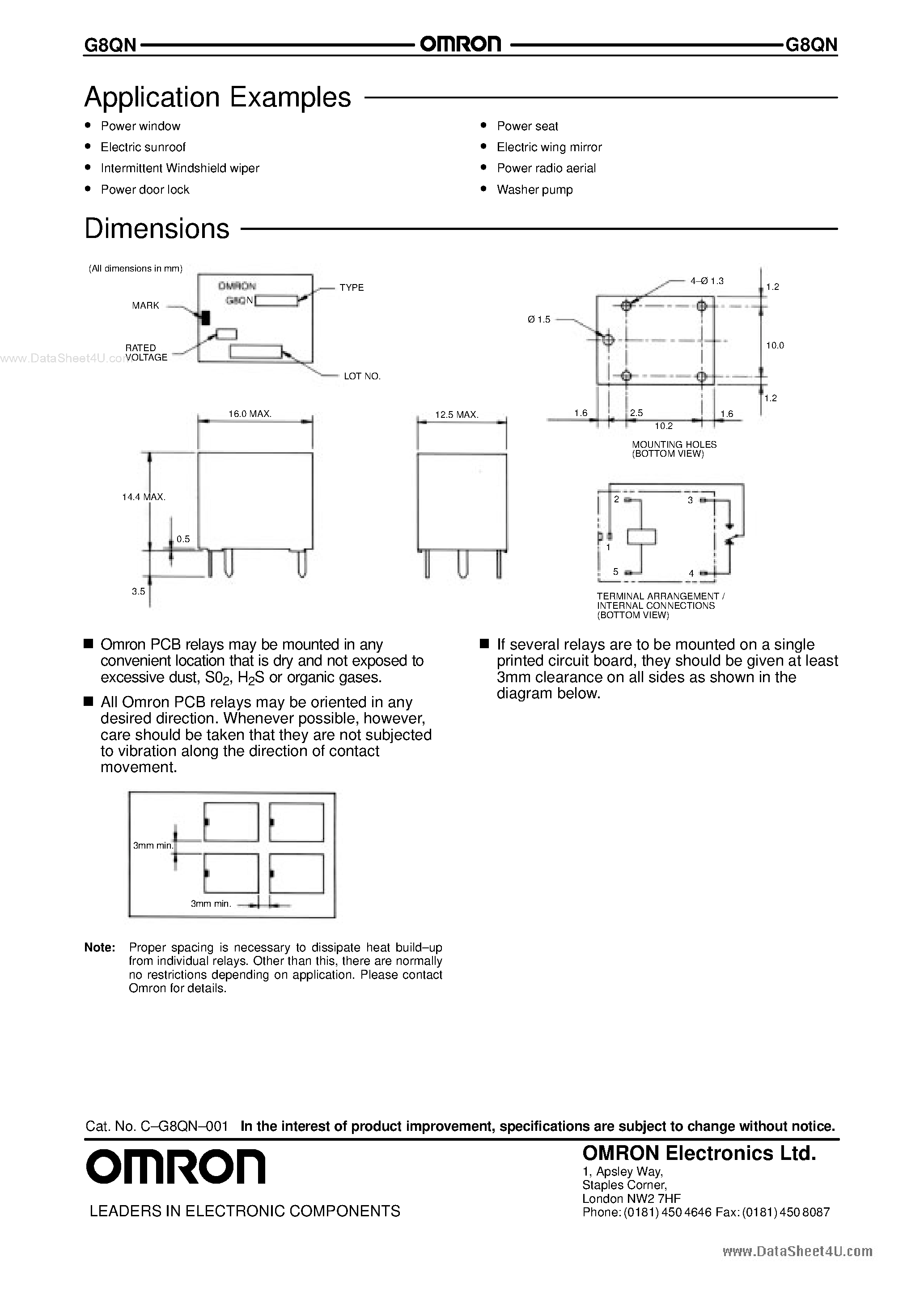 Даташит G8QN - Sub-Miniature Automotive PCB Relay страница 2