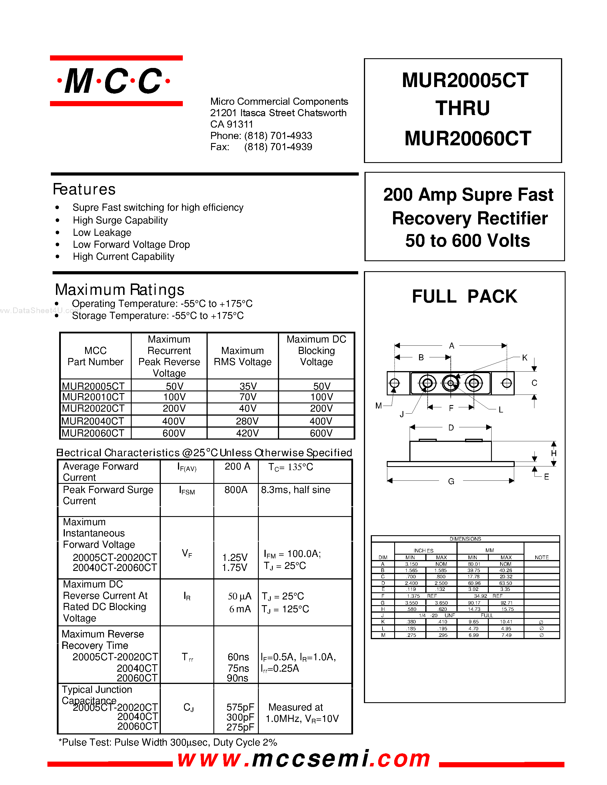Даташит MUR20005CT - (MUR20005CT - MUR20060CT) 200 Amp Supre Fast Recovery Rectifier страница 1