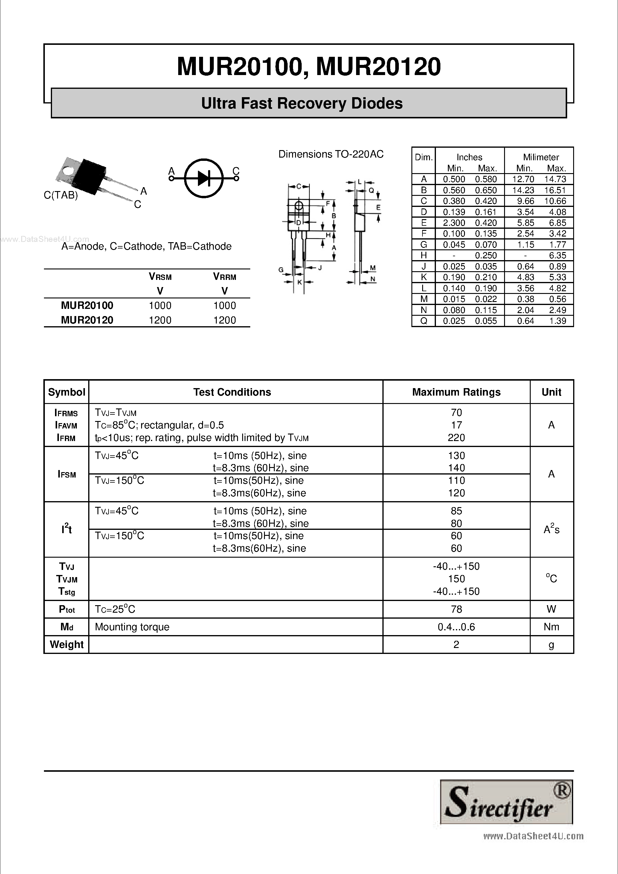 Даташит на микросхему MUR20100 страница 1 Даташит MUR20100 - (MUR20100 / MUR20120) Ultra Fast Recovery Diodes страница 1
