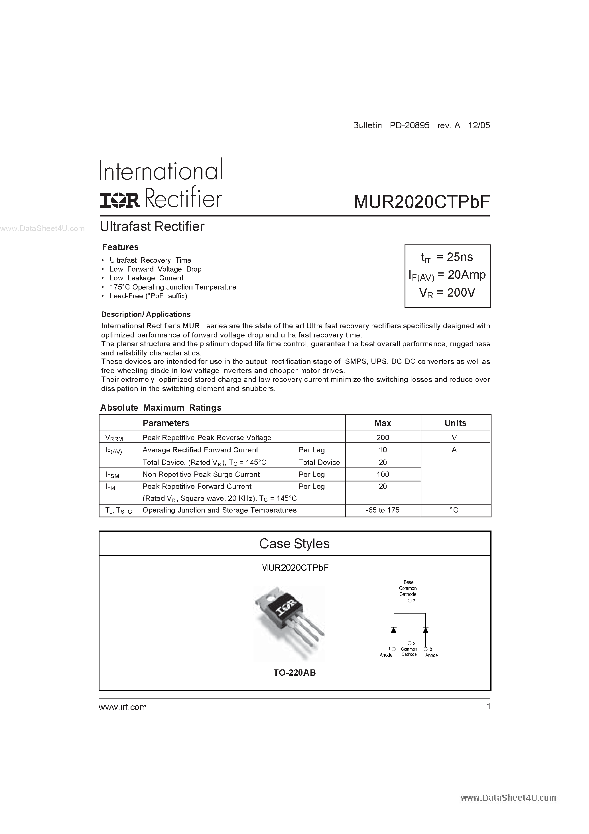 Datasheet MUR2020CTPBF page 1 Datasheet MUR2020CTPBF - Ultrafast Rectifier page 1