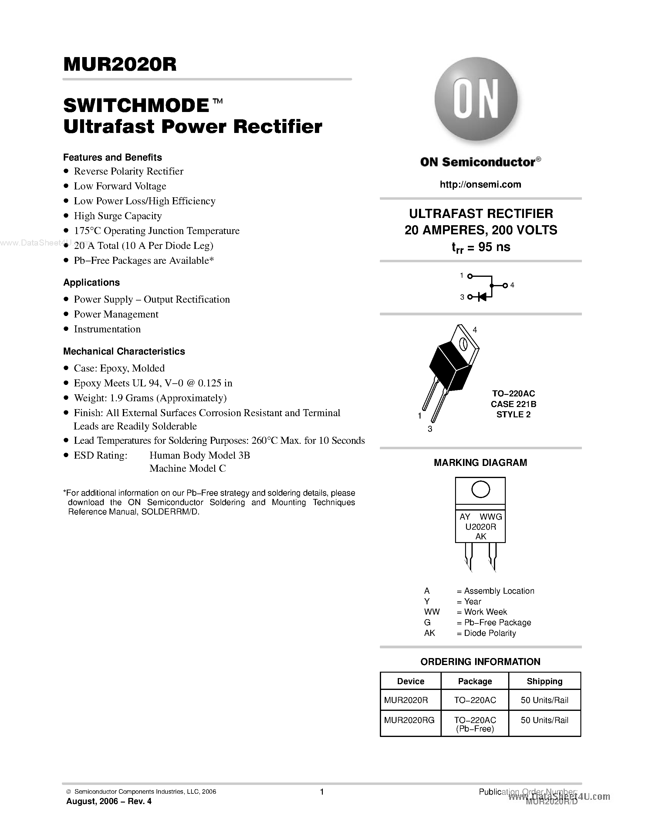 Даташит MUR2020R - ULTRAFAST RECTIFIER 20 AMPERES страница 1