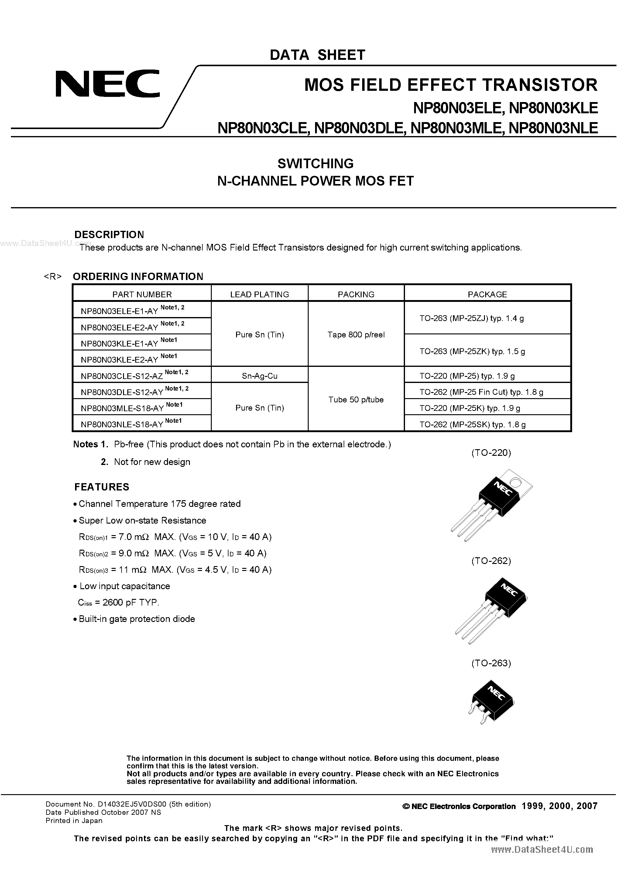 Datasheet NP80N03CLE - (NP80N03xLE) MOS FIELD EFFECT TRANSISTOR SWITCHING N-CHANNEL POWER MOS FET page 1