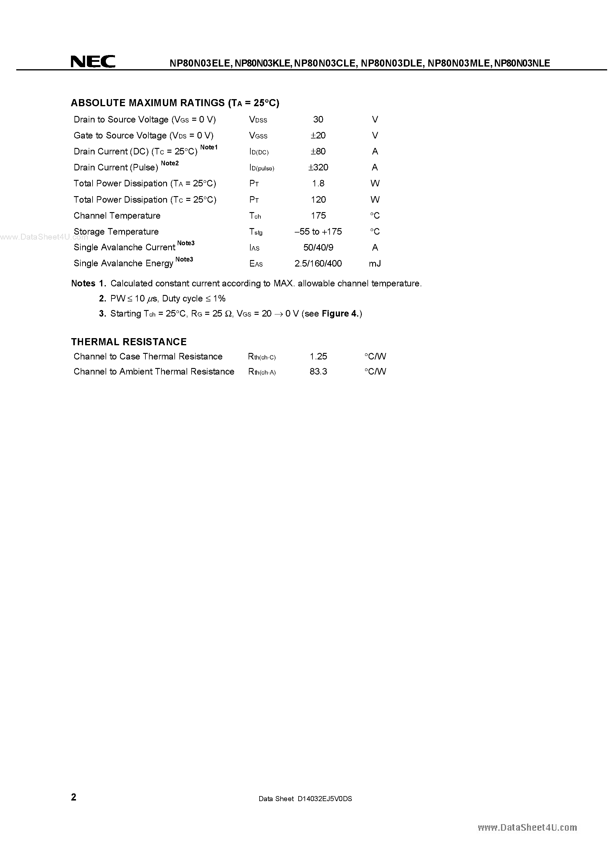 Datasheet NP80N03CLE - (NP80N03xLE) MOS FIELD EFFECT TRANSISTOR SWITCHING N-CHANNEL POWER MOS FET page 2