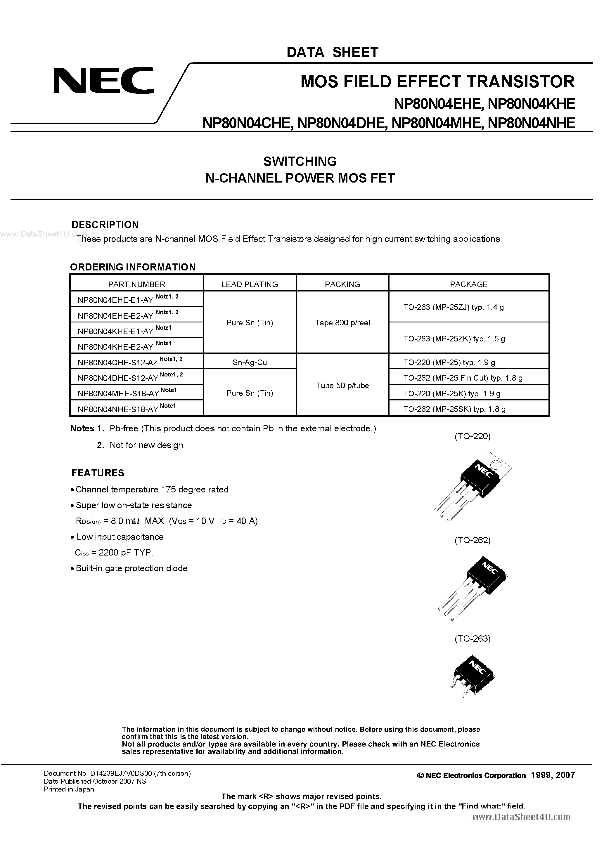 Datasheet NP80N04CHE - (NP80N04xHE) MOS FIELD EFFECT TRANSISTOR SWITCHING N-CHANNEL POWER MOS FET page 1