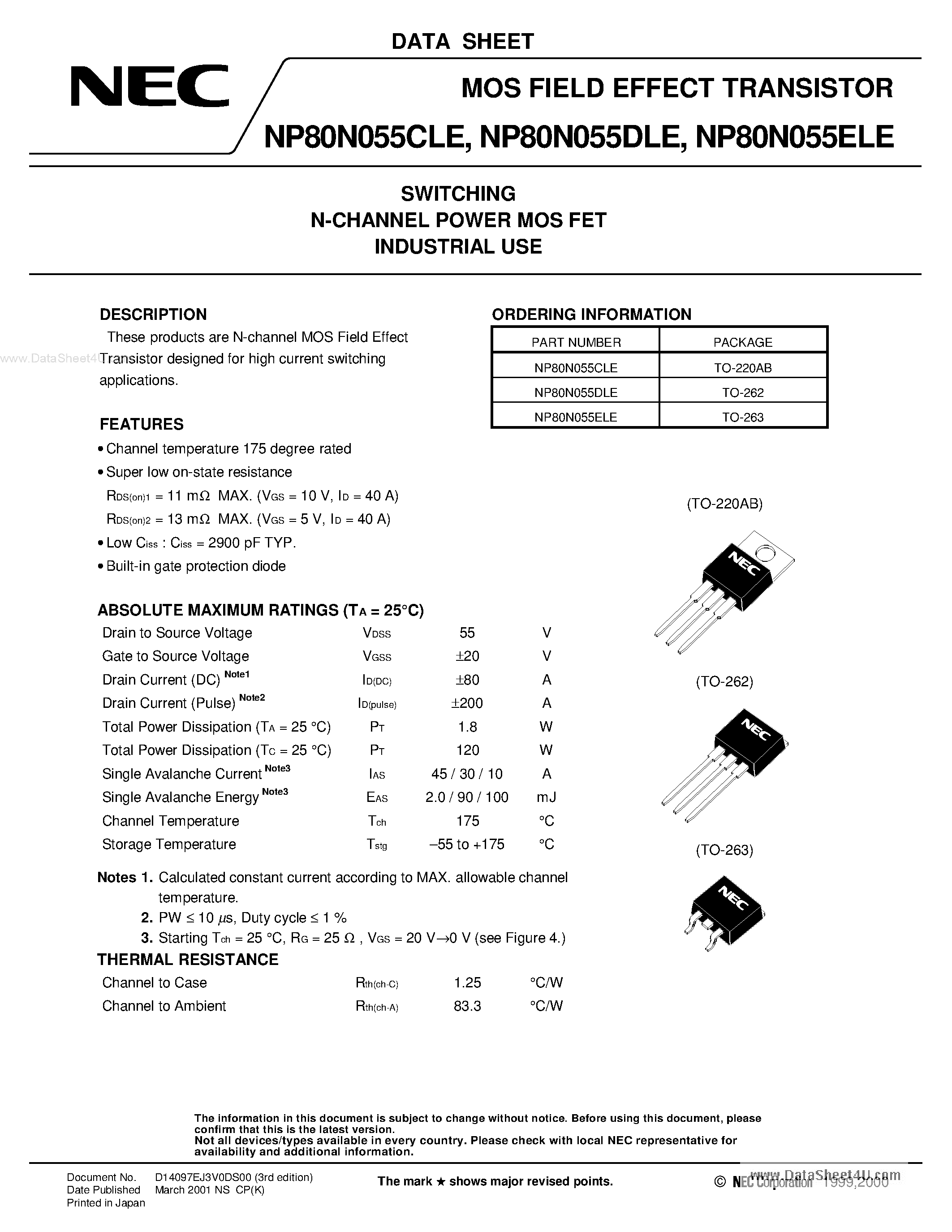 Datasheet NP80N055 - Switching N-Channel Power MOS FET Industrial Use page 1