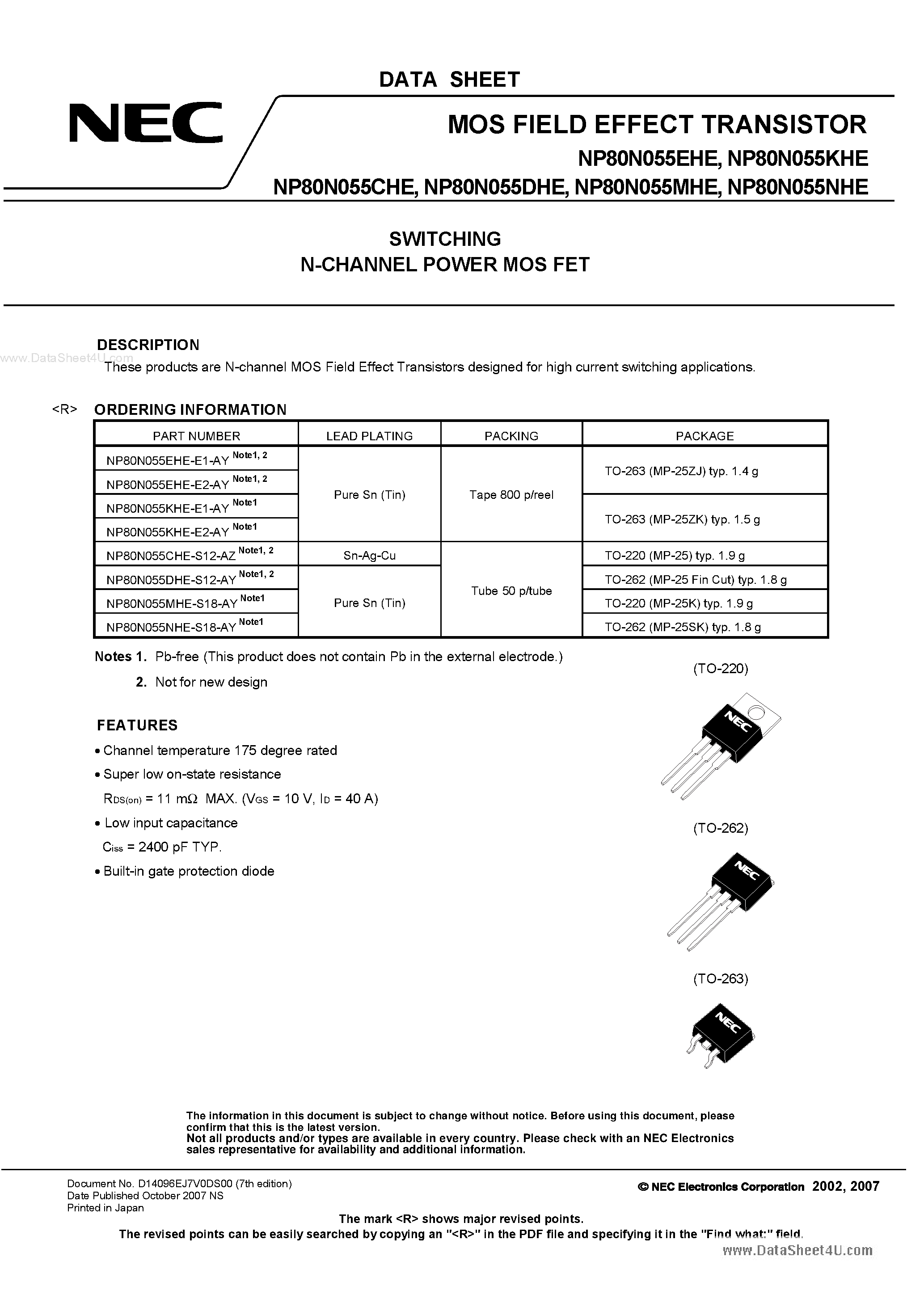 Datasheet NP80N055CHE - (NP80N055xHE) MOS FIELD EFFECT TRANSISTOR SWITCHING N-CHANNEL POWER MOS FET page 1