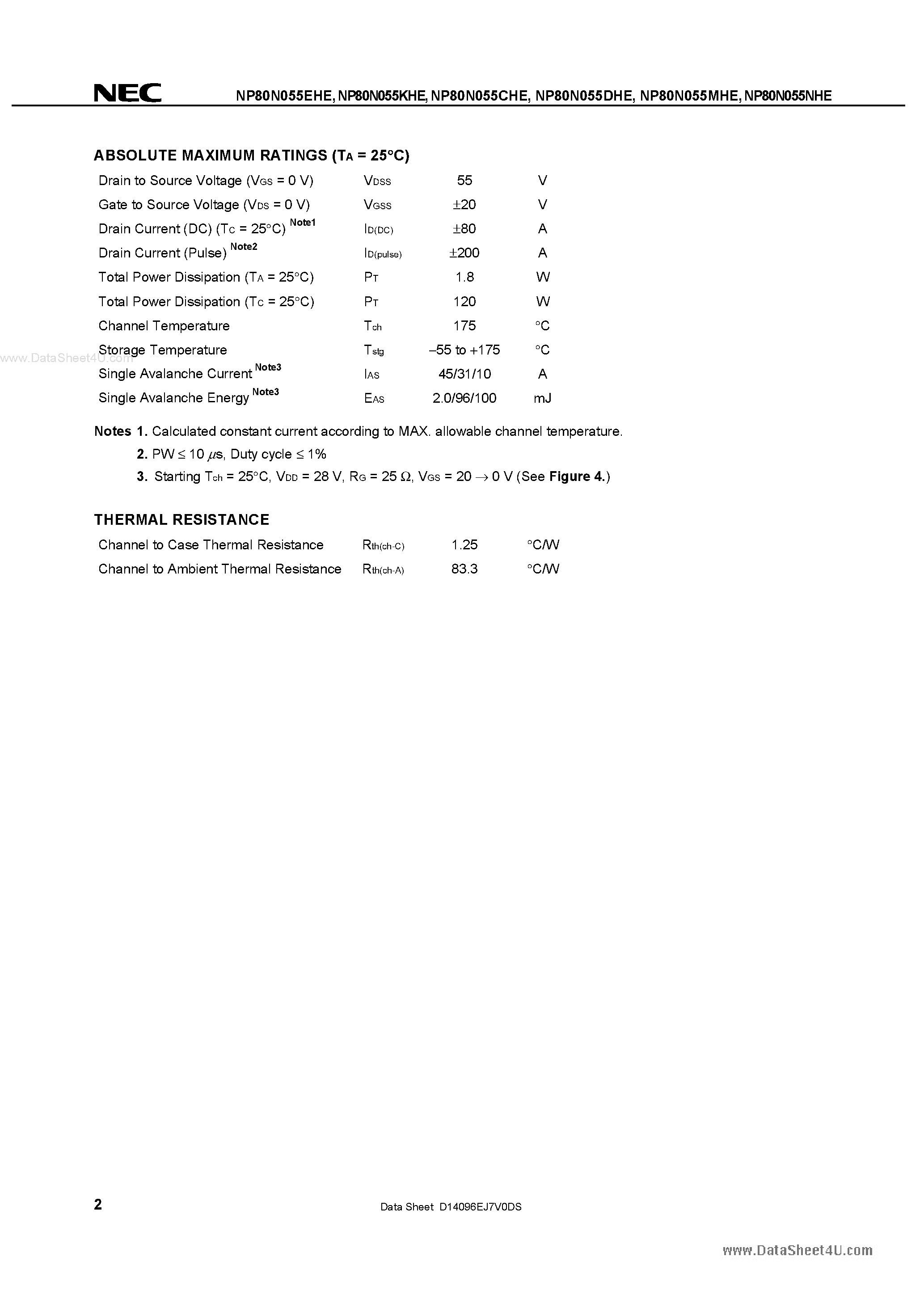 Datasheet NP80N055CHE - (NP80N055xHE) MOS FIELD EFFECT TRANSISTOR SWITCHING N-CHANNEL POWER MOS FET page 2