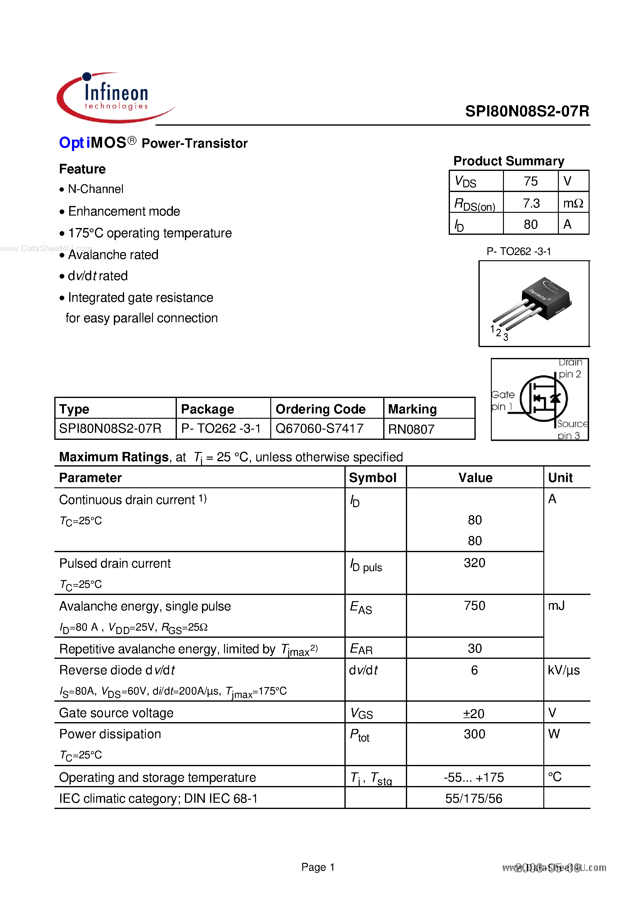 Даташит на микросхему SPI80N08S2-07R страница 1 Даташит SPI80N08S2-07R - OptiMOS Power-Transistor страница 1