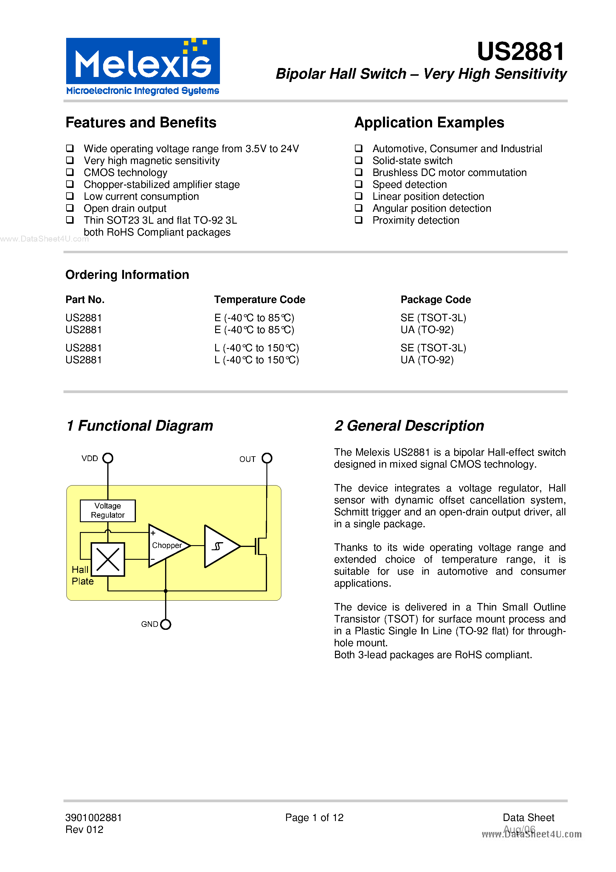 Datasheet US2881 page 1 Datasheet US2881 - Bipolar Hall Switch - Very High Sensitivity page 1