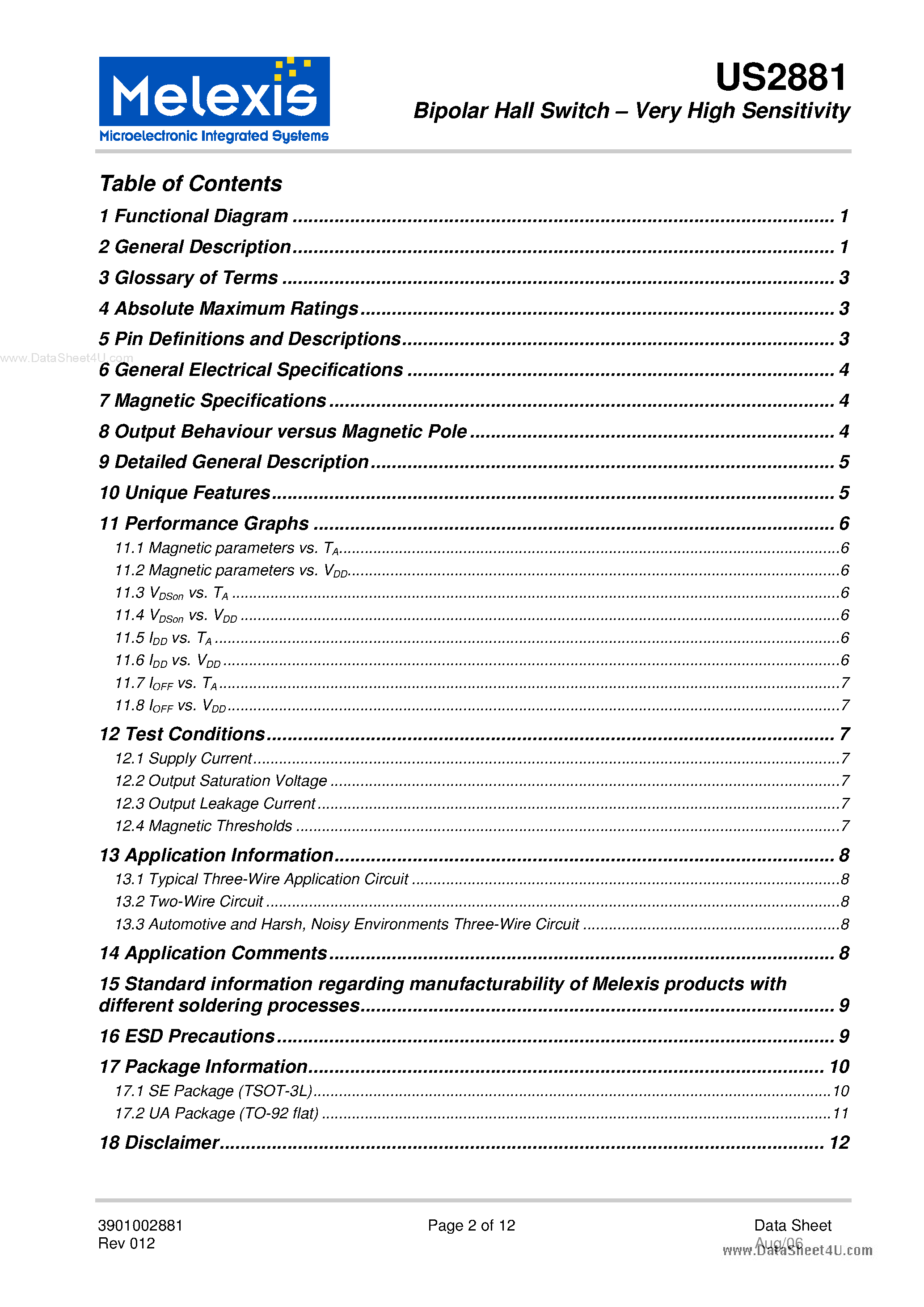 Datasheet US2881 page 2 Datasheet US2881 - Bipolar Hall Switch - Very High Sensitivity page 2