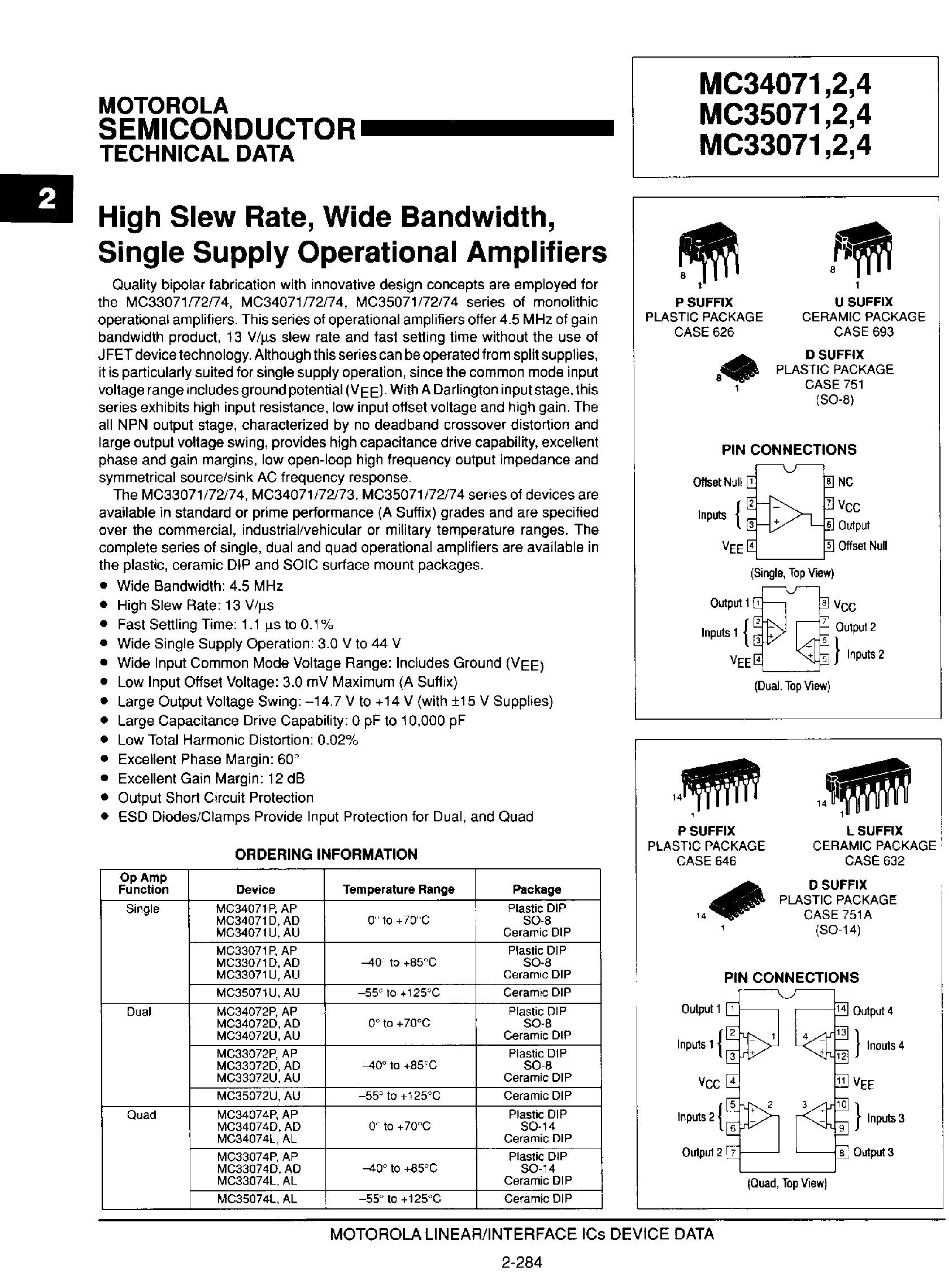 Datasheet MC35071 page 1 Datasheet MC35071 - High Slew Rate / Single Supply Operational Amplifiers page 1