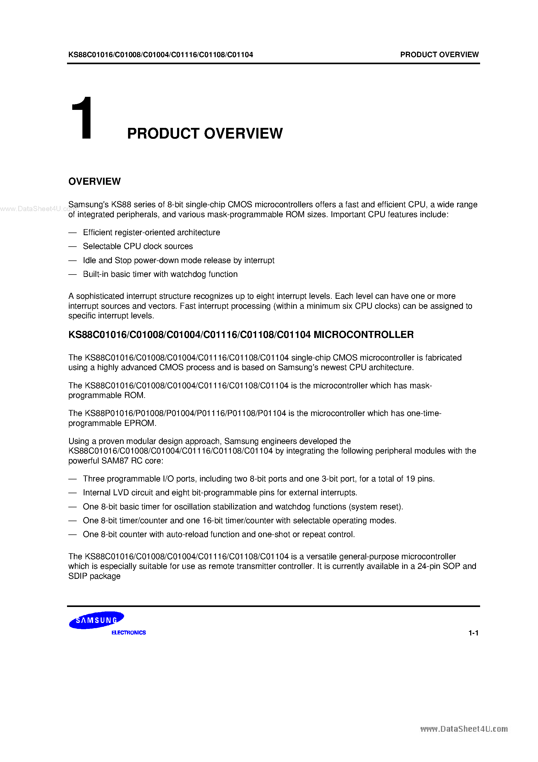 Datasheet KS88C01004 - (KS88C01004 - KS88C01116) KS88 series of 8-bit single-chip CMOS microcontrollers offers a fast and efficient CPU page 1