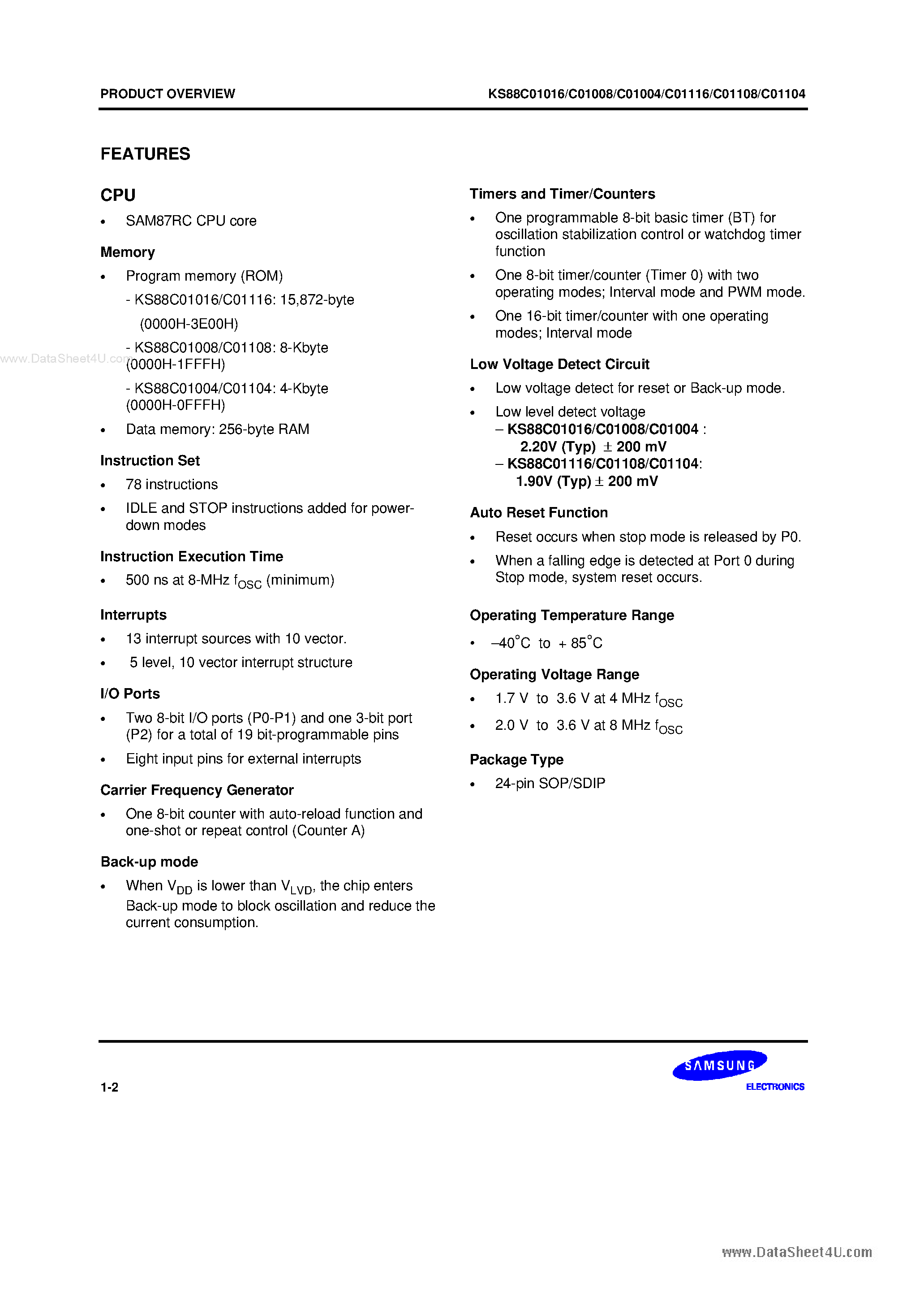 Datasheet KS88C01004 - (KS88C01004 - KS88C01116) KS88 series of 8-bit single-chip CMOS microcontrollers offers a fast and efficient CPU page 2