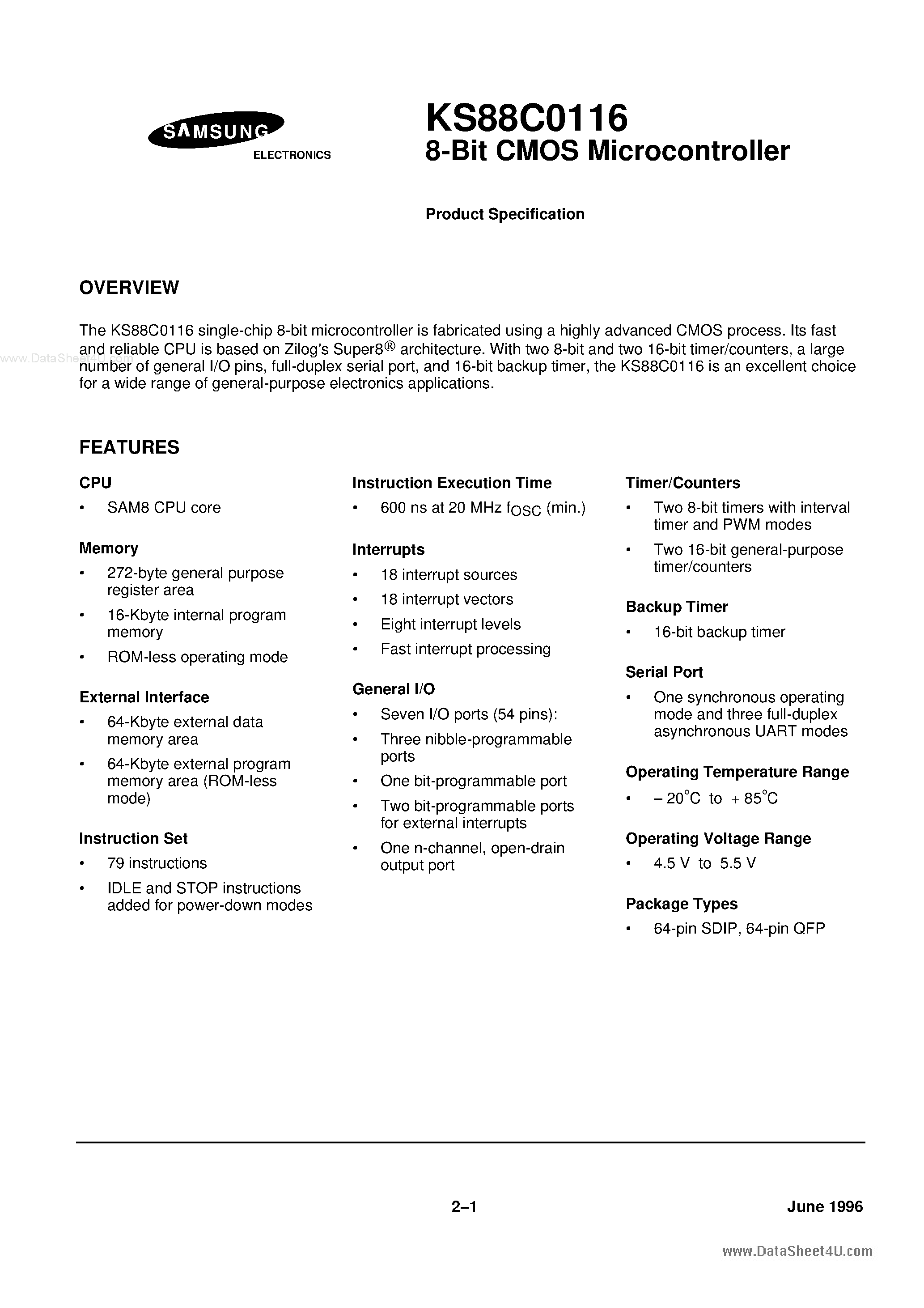 Datasheet KS88C0116 - 8-Bit CMOS Microcontroller page 1