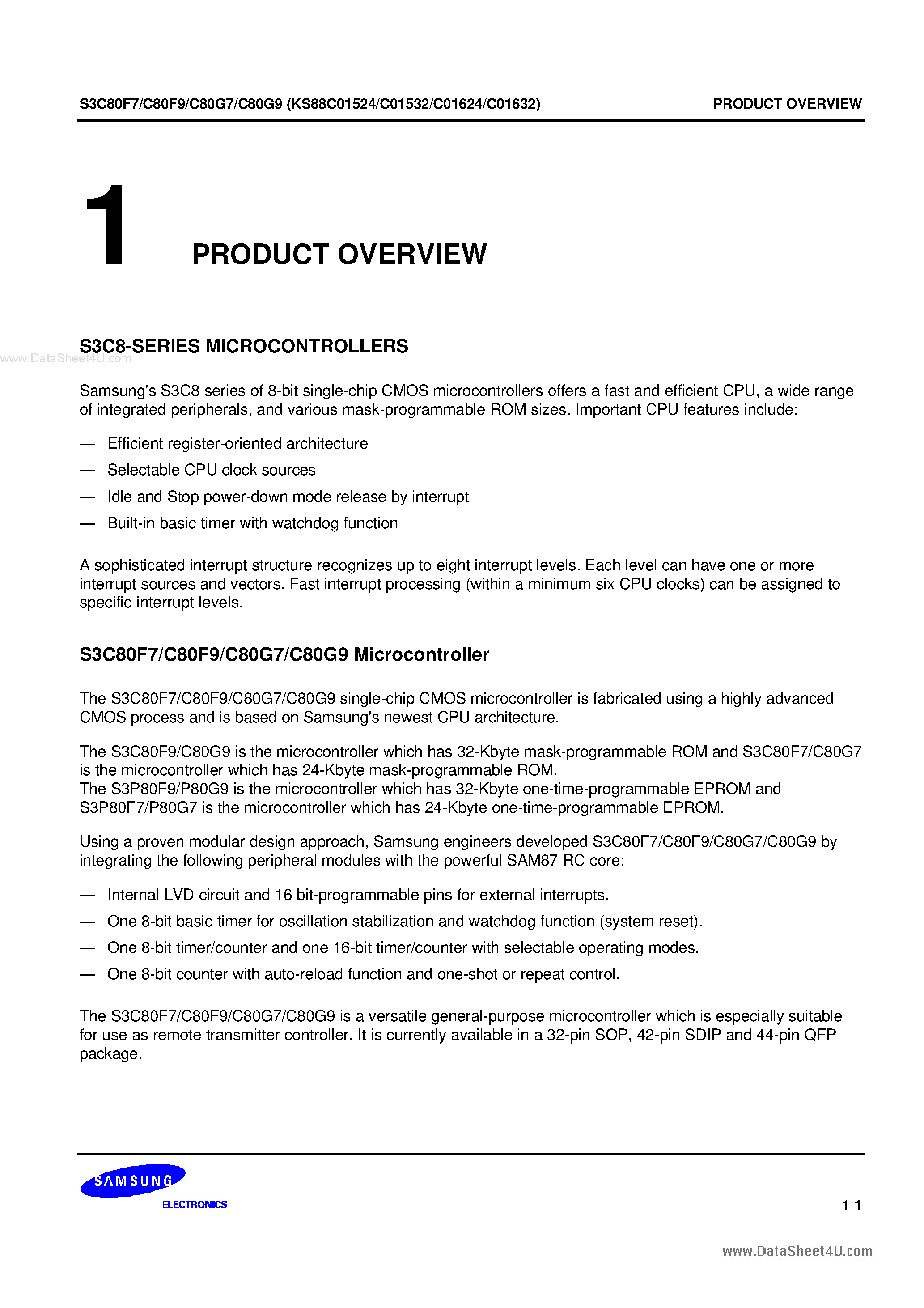 Datasheet KS88C01524 - (KS88C01524 - KS88C01632) 8-bit single-chip CMOS microcontrollers page 1