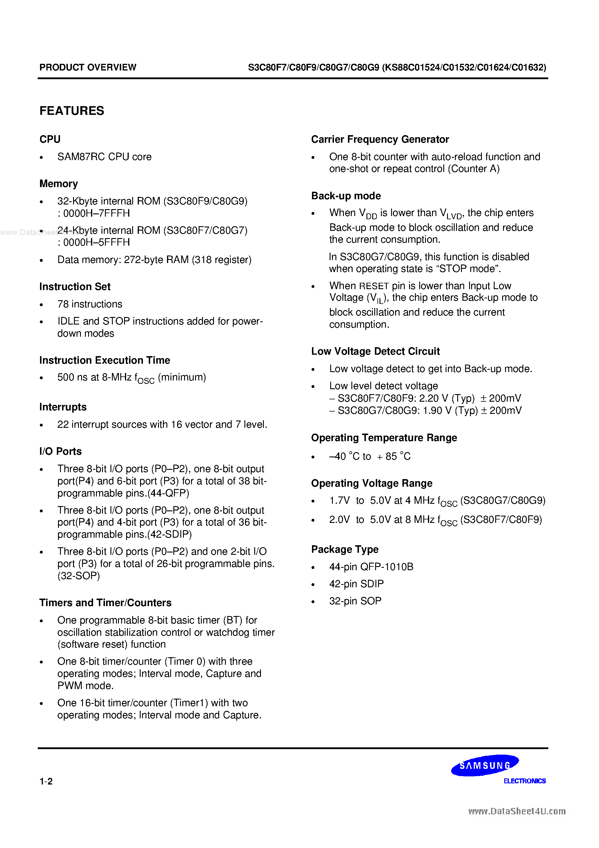 Datasheet KS88C01524 - (KS88C01524 - KS88C01632) 8-bit single-chip CMOS microcontrollers page 2