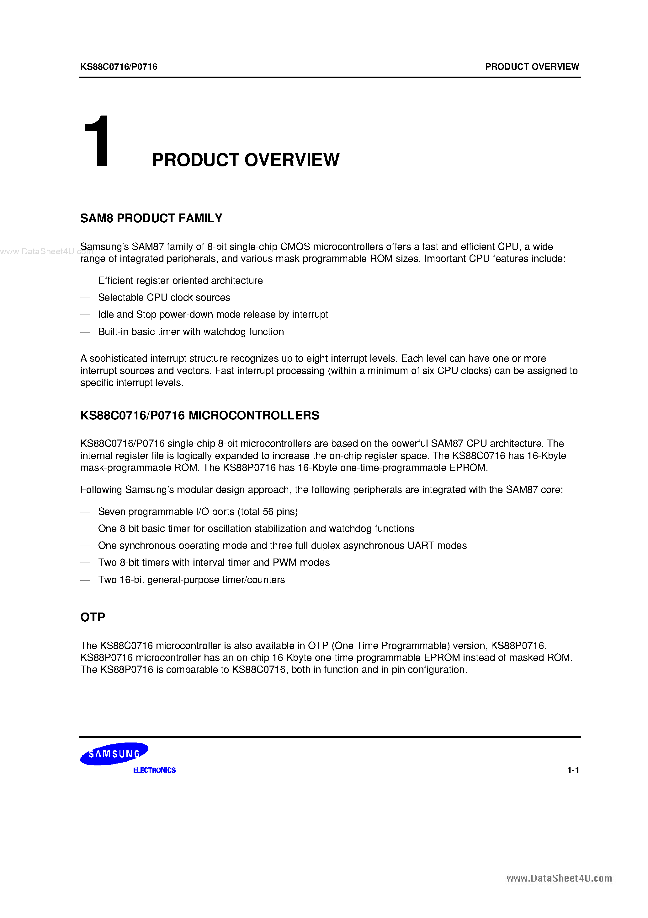 Datasheet KS88C0716 - SAM87 family of 8-bit single-chip CMOS microcontrollers offers a fast and efficient CPU page 1