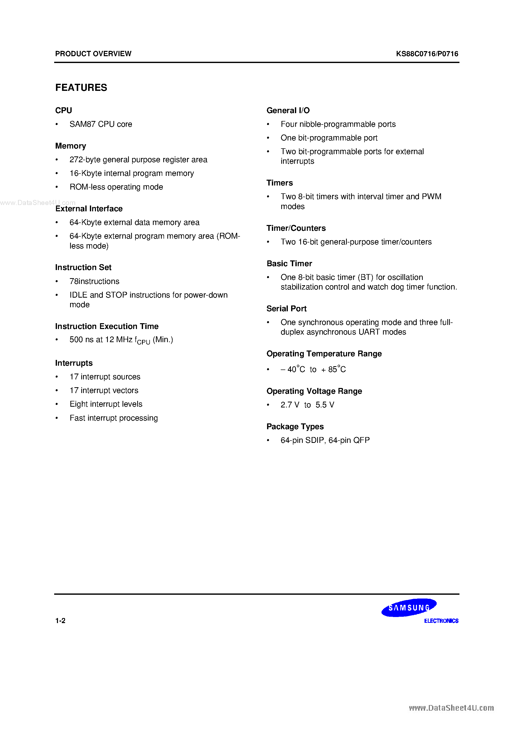 Datasheet KS88C0716 - SAM87 family of 8-bit single-chip CMOS microcontrollers offers a fast and efficient CPU page 2