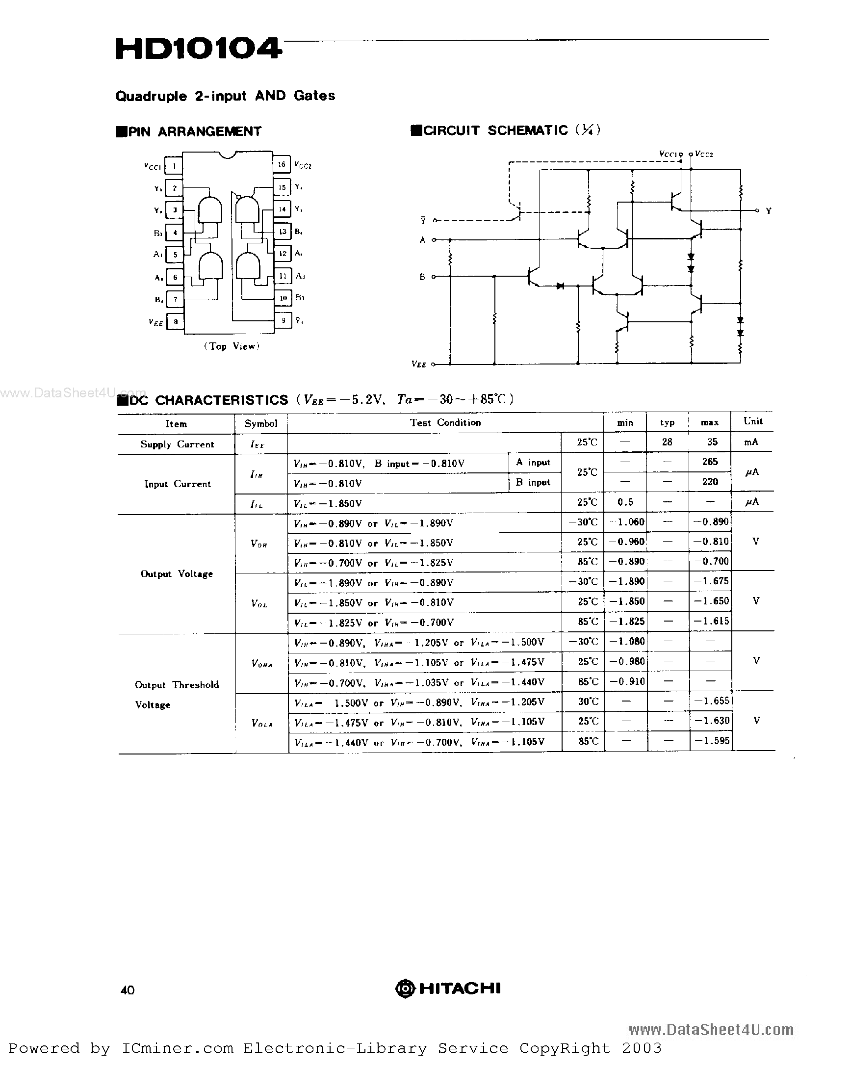 Даташит на микросхему HD10104 страница 1 Даташит HD10104 - Quadruple 2-Input AND Gates страница 1