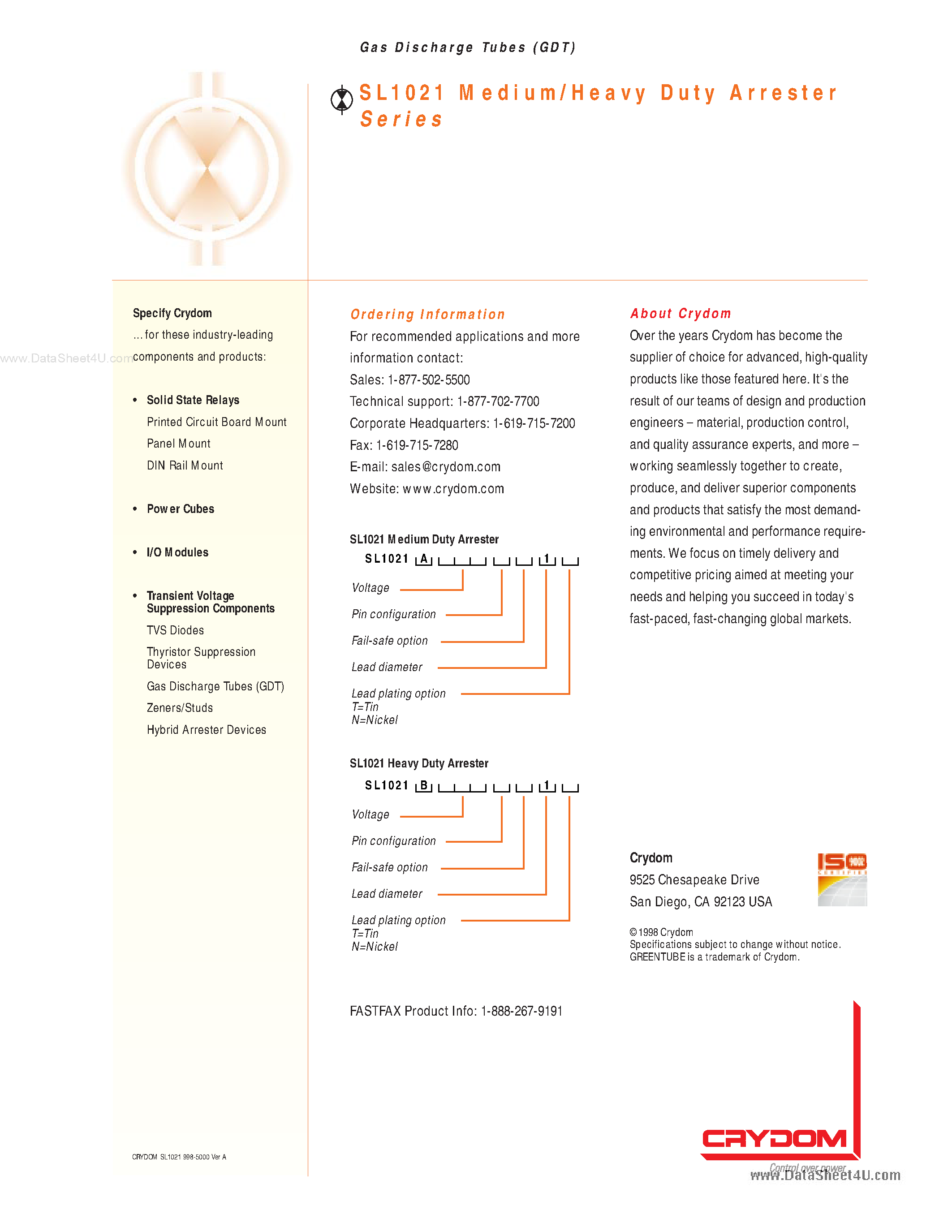 Datasheet SL1021 page 2 Datasheet SL1021 - Medium / Heavy Duty Arrester Series page 2
