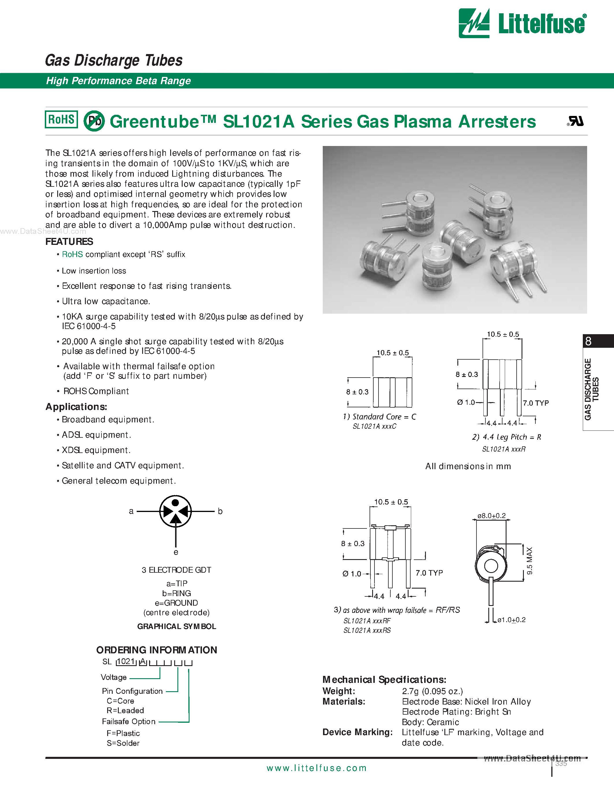 Datasheet SL1021A page 1 Datasheet SL1021A - Gas Discharge Tubes page 1