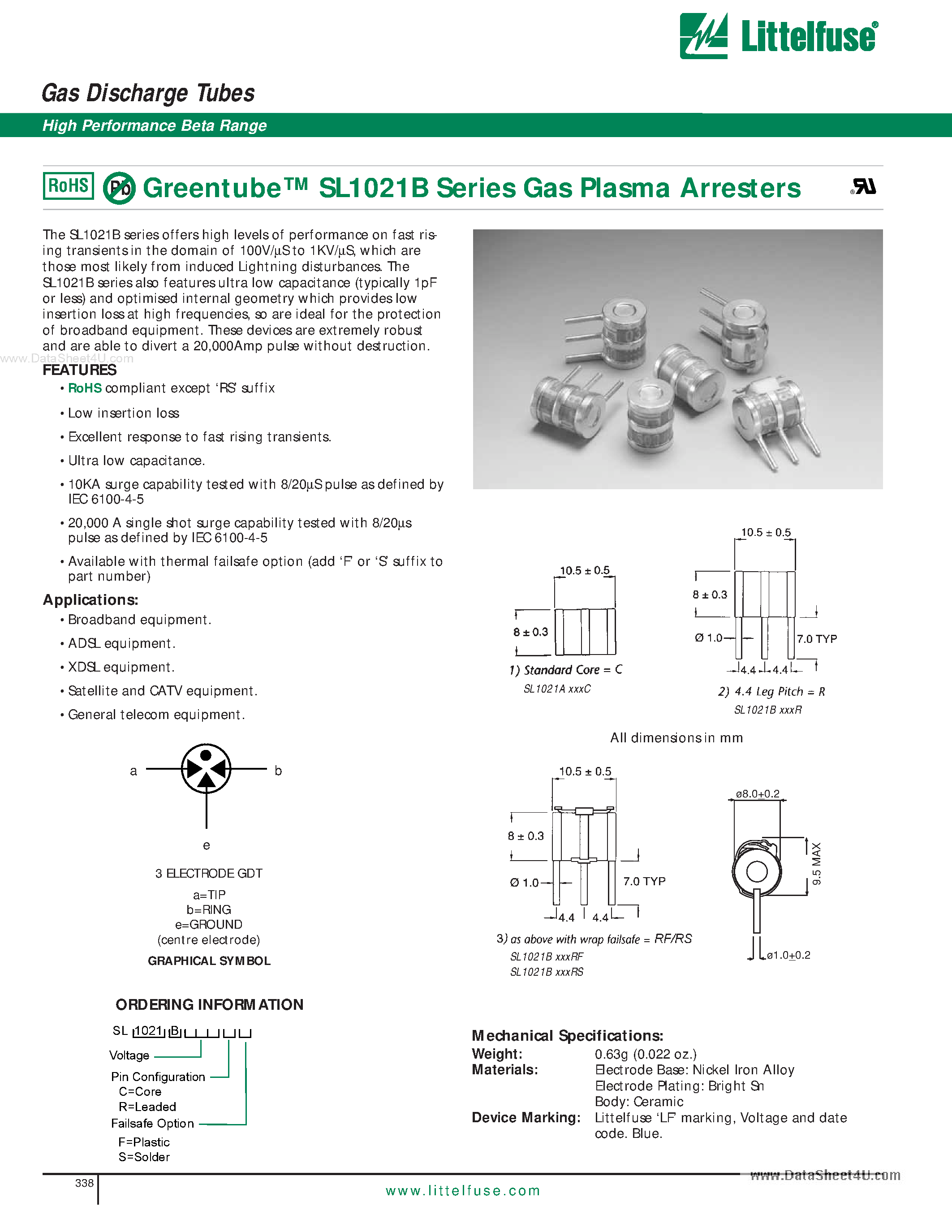 Datasheet SL1021B page 1 Datasheet SL1021B - Gas Discharge Tubes page 1
