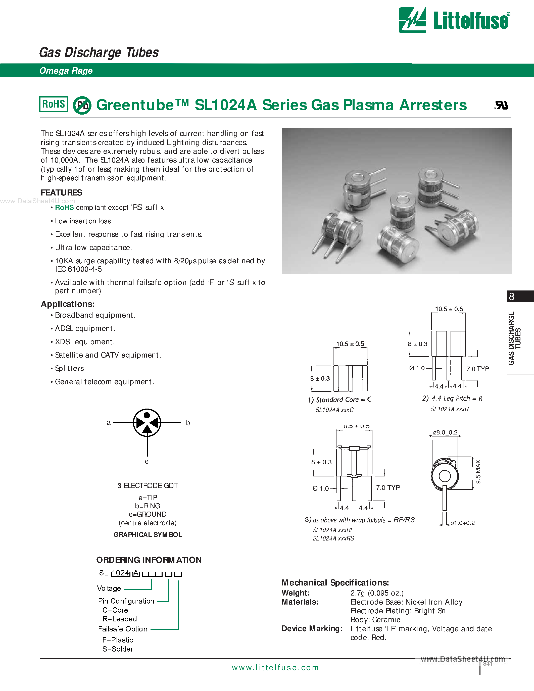 Datasheet SL1024A page 1 Datasheet SL1024A - Gas Discharge Tubes page 1