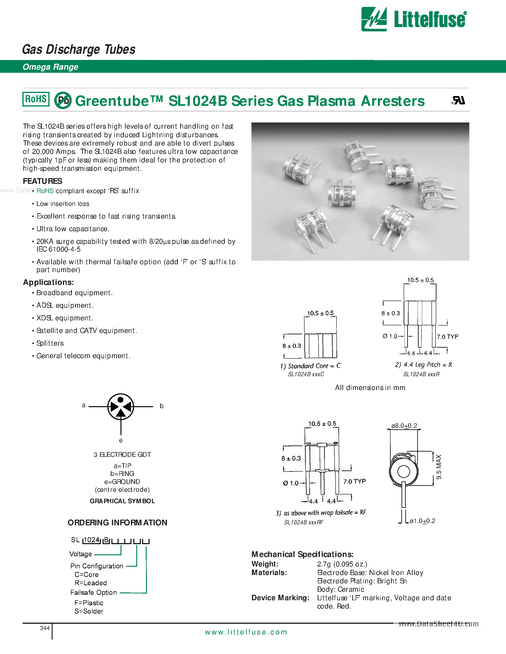 Datasheet SL1024B page 1 Datasheet SL1024B - Gas Discharge Tubes page 1