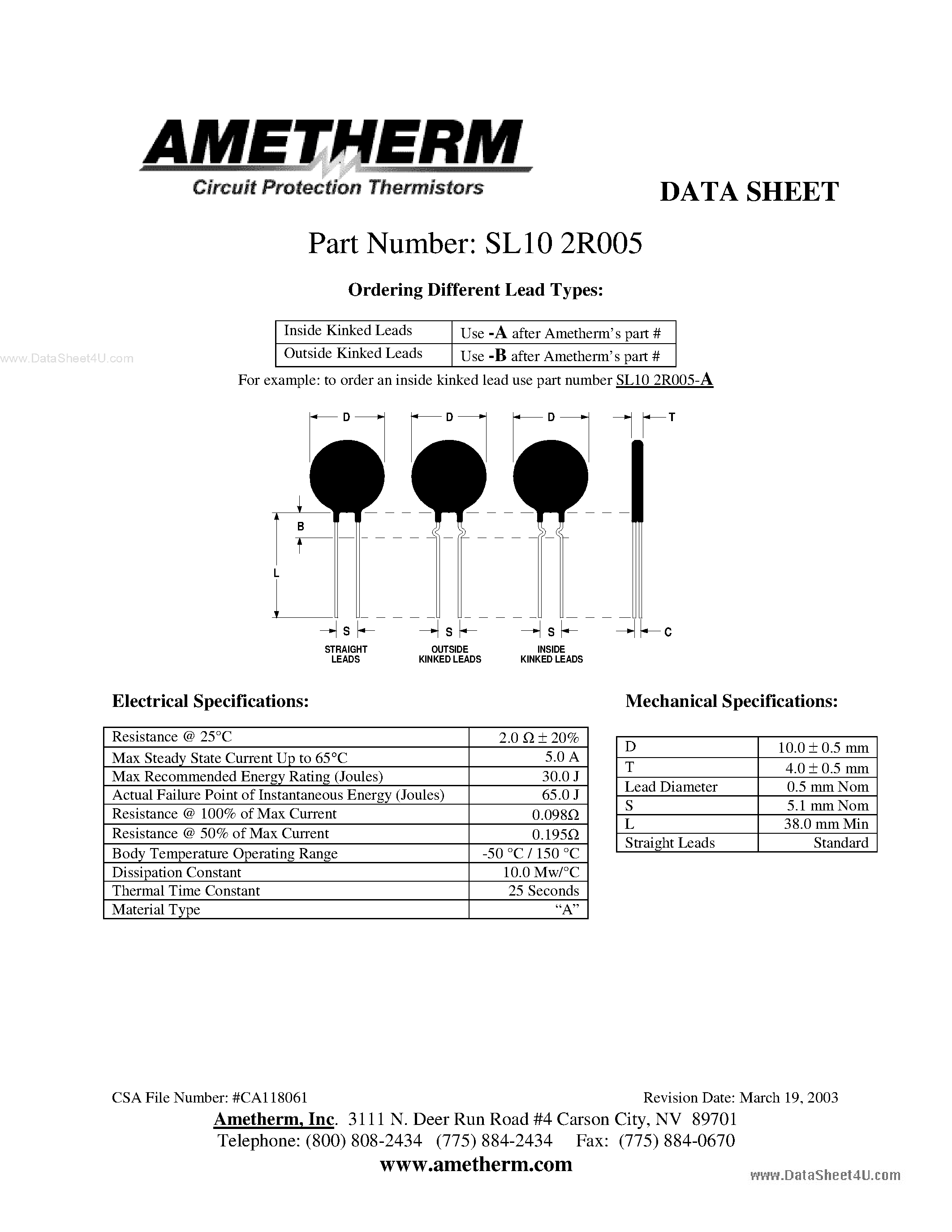 Datasheet SL102R005 page 1 Datasheet SL102R005 - Circuit Protection Thermistors page 1
