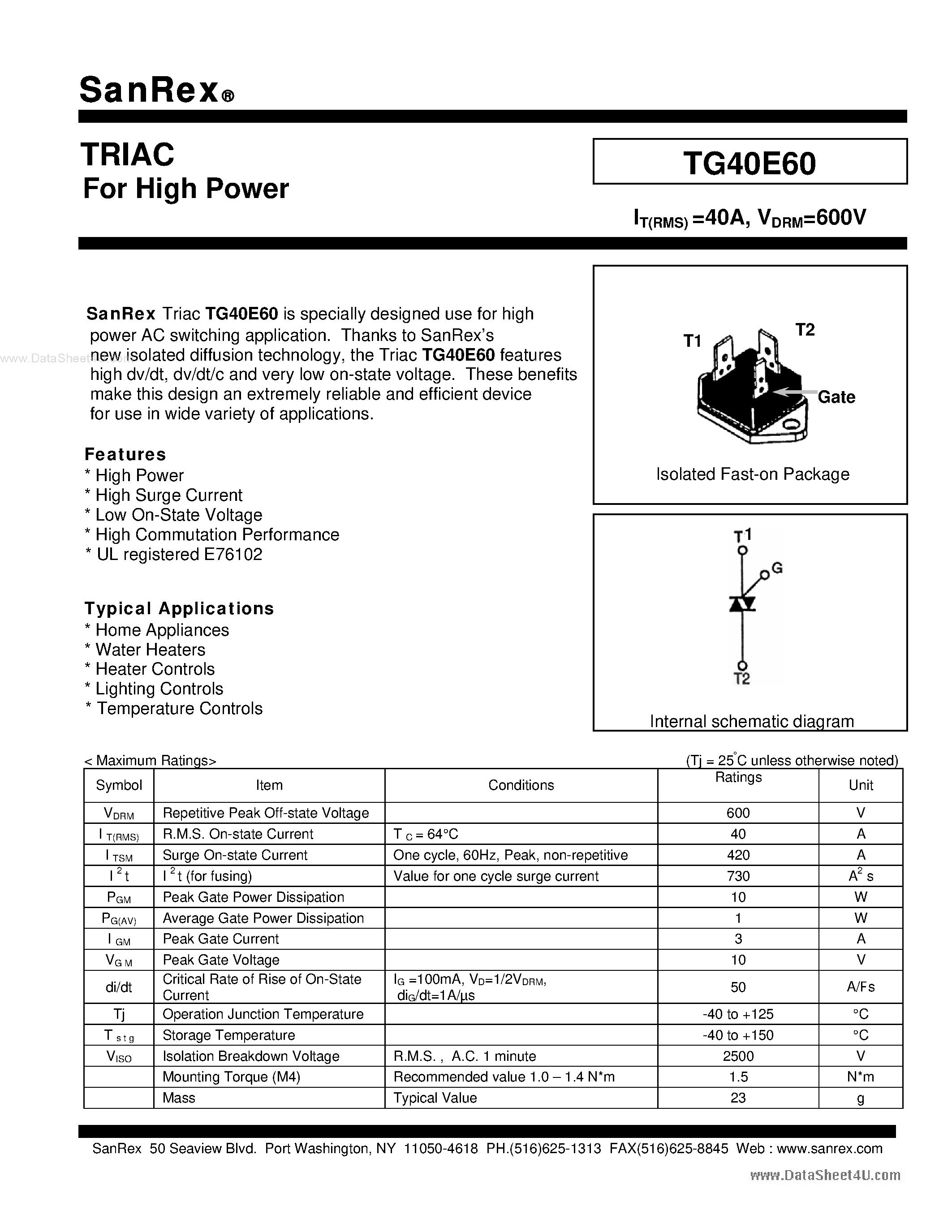 Datasheet TG40E60 - TRIAC page 1