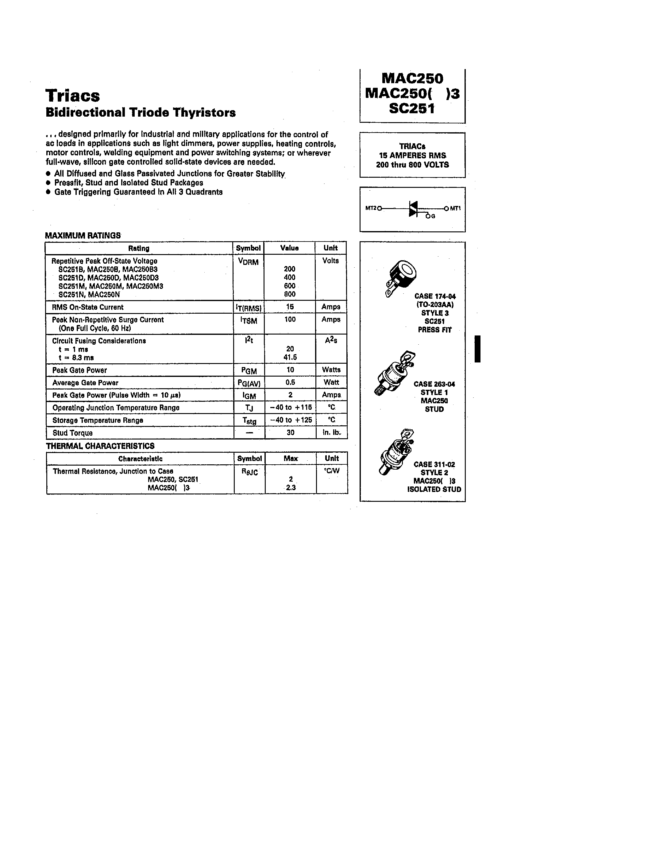 Datasheet MAC250 - TRIACS 15 AMPERES RMS 200 THRU 800 VOLTS page 1