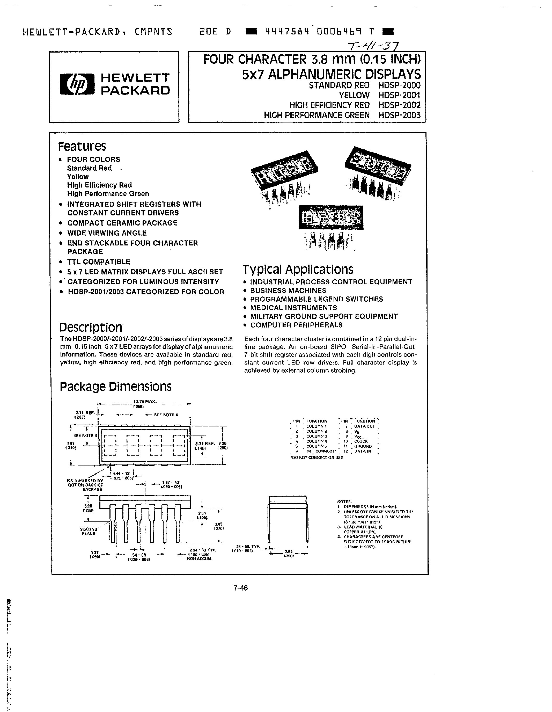 Даташит HDSP-2000 - 4 Character 5x7 Dot Matrix Series Input ALphanumeric Display страница 1