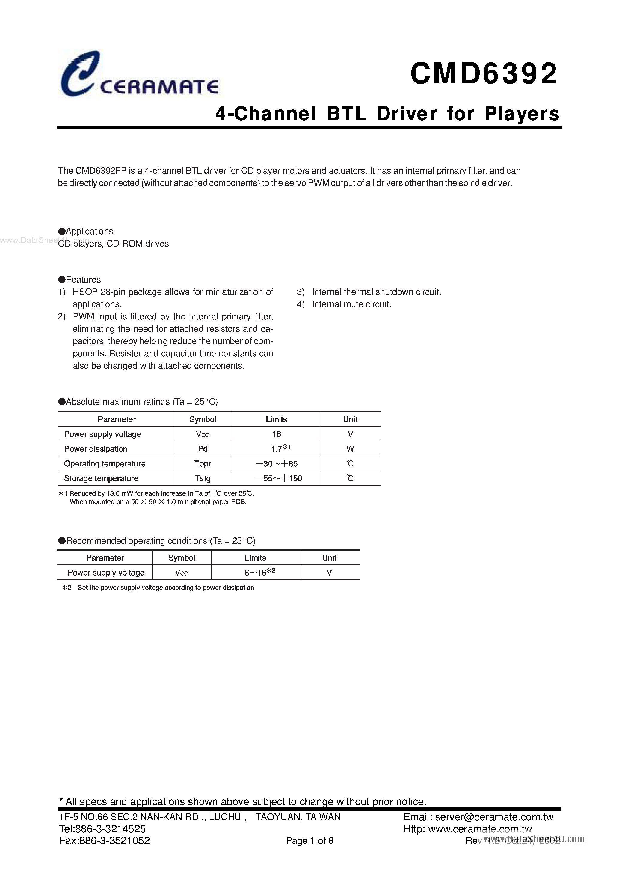 Datasheet CMD6392 - 4-Channel BTL Driver page 1