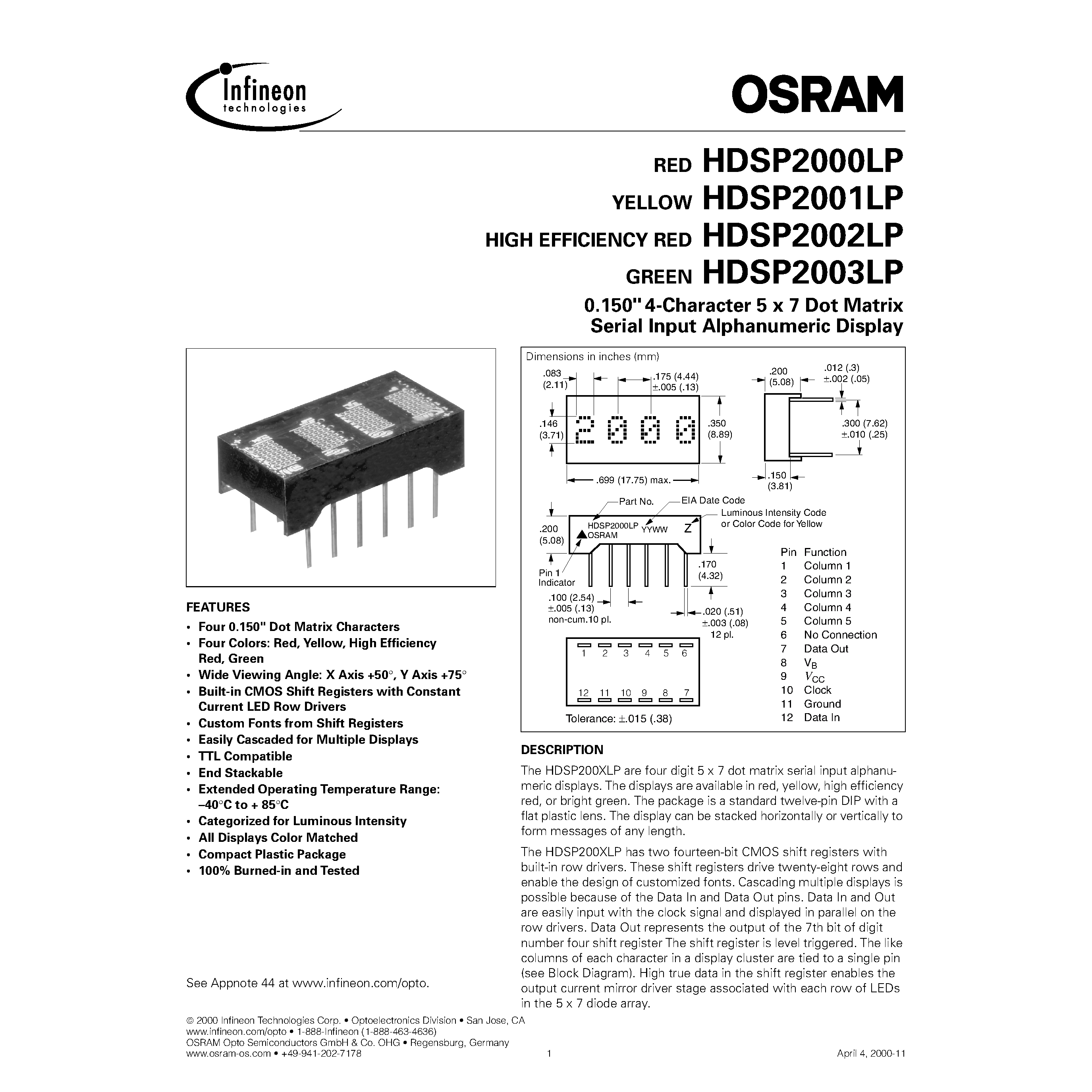 Даташит HDSP2000LP - 4 Character 5x7 Dot Matrix Series Input ALphanumeric Display страница 1