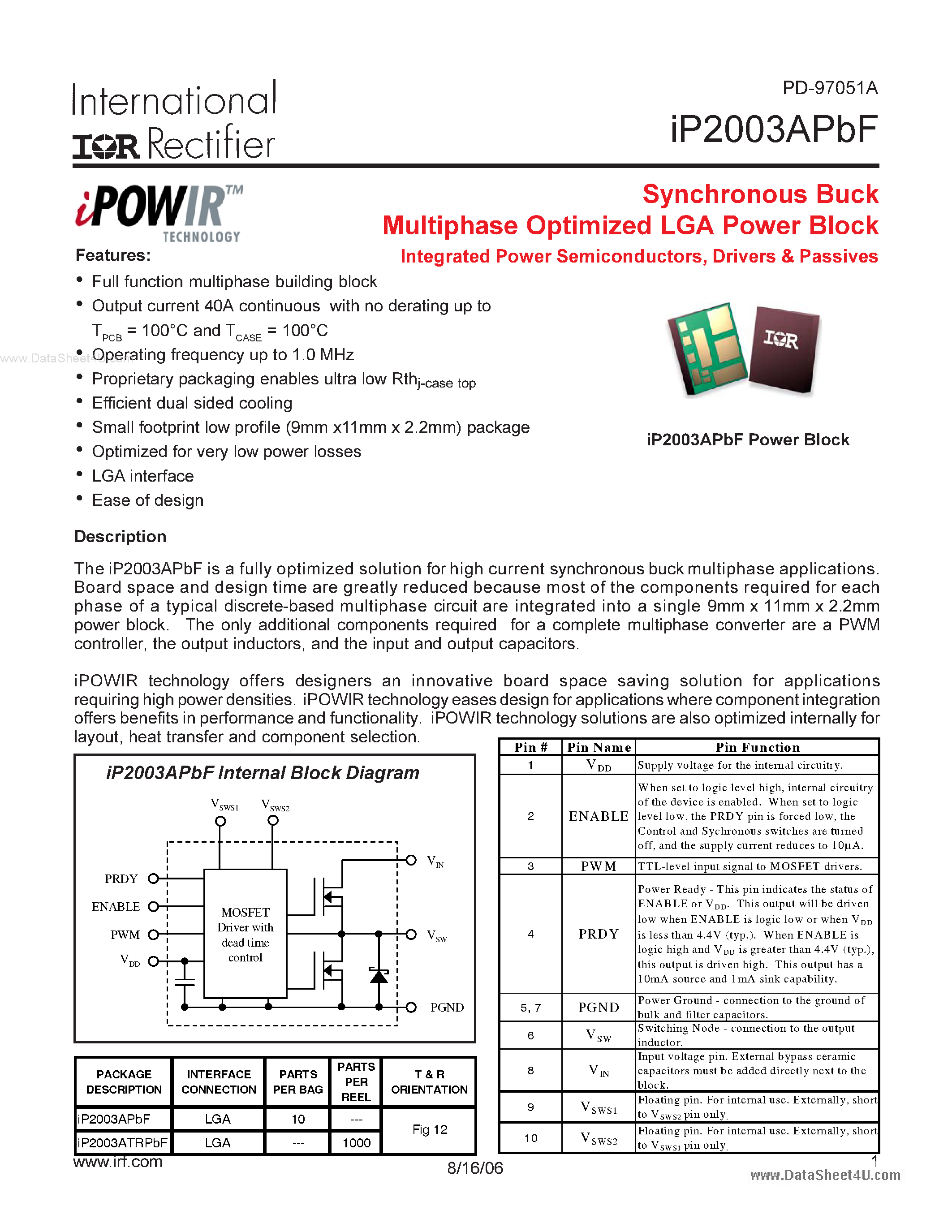 Даташит IP2003APBF - Synchronous Buck Multiphase Optimized LGA Power Block Intergrated Power Semiconductors страница 1