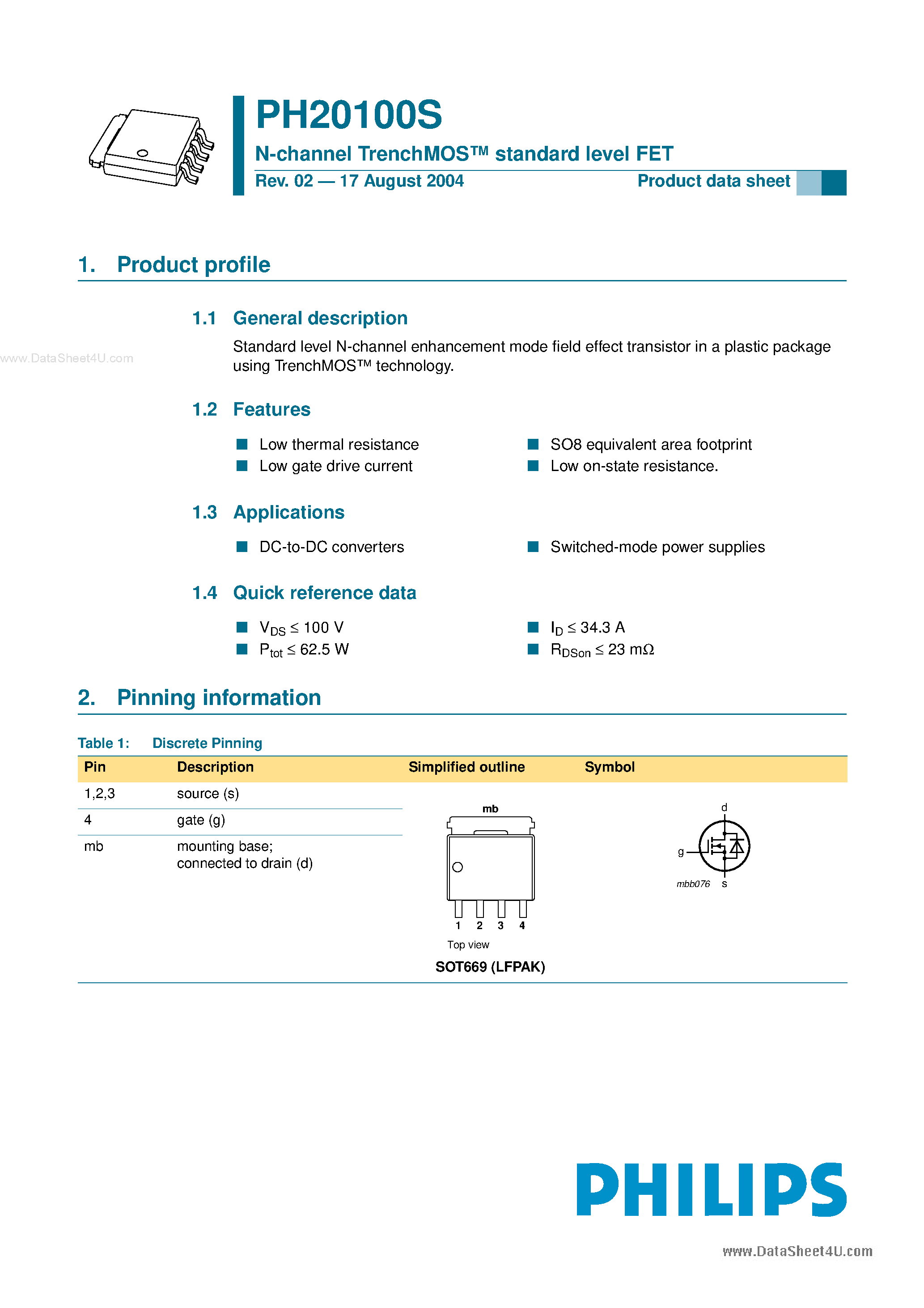 Datasheet PH20100S - N-channel TrenchMOS standard level FET page 1