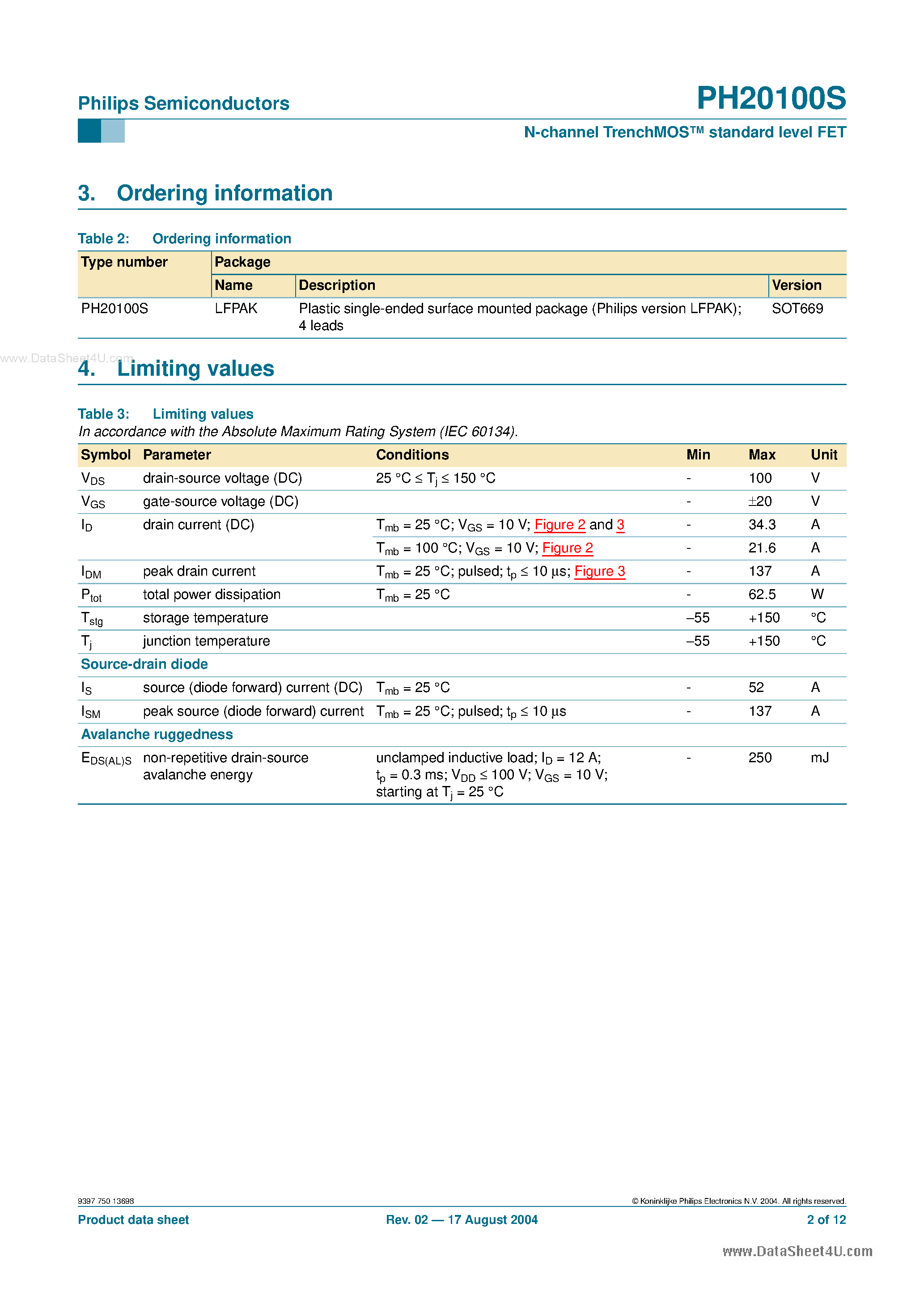 Datasheet PH20100S - N-channel TrenchMOS standard level FET page 2