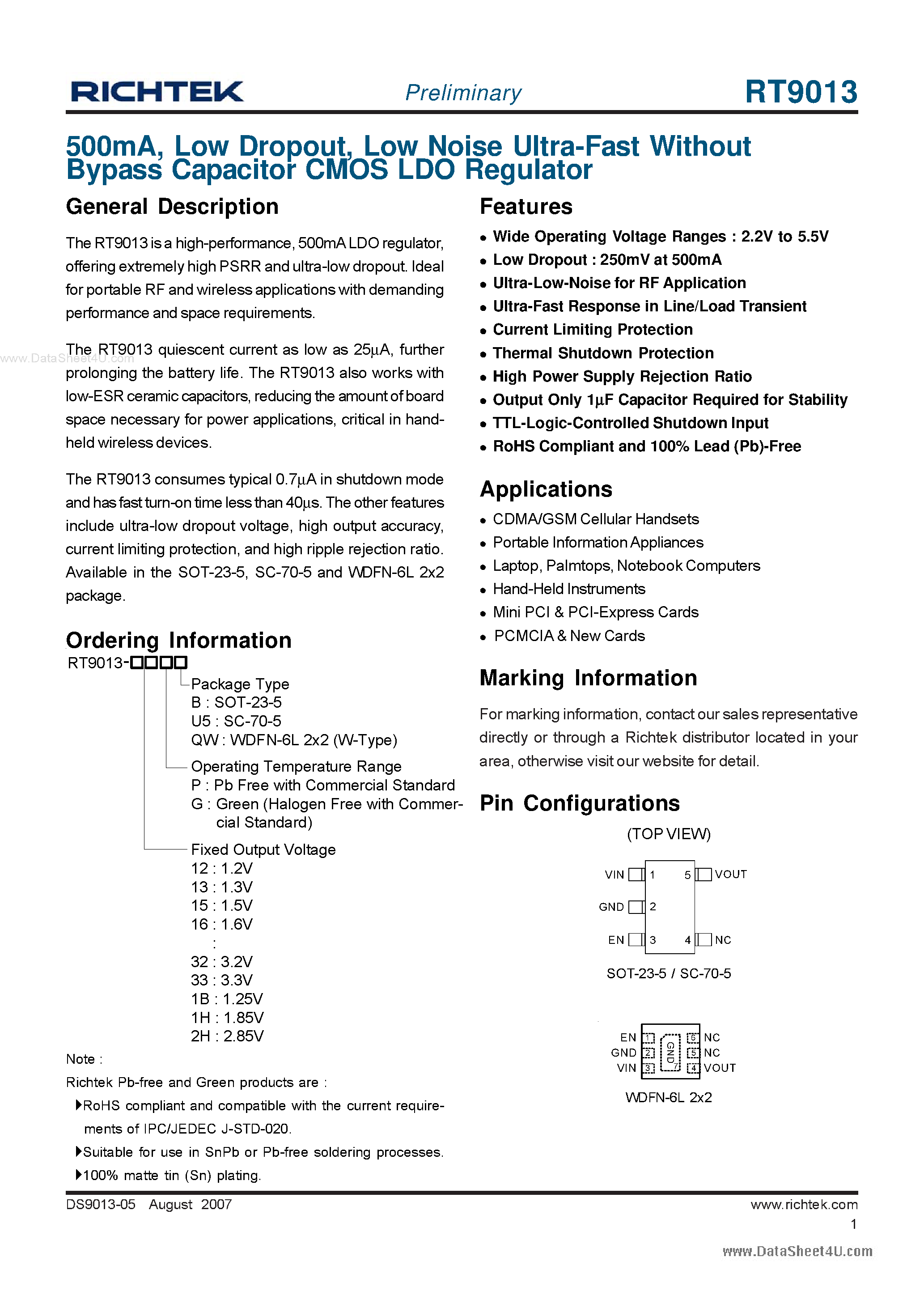 Datasheet RT9013 - Low Noise Ultra-Fast Without Bypass Capacitor CMOS LDO Regulator page 1