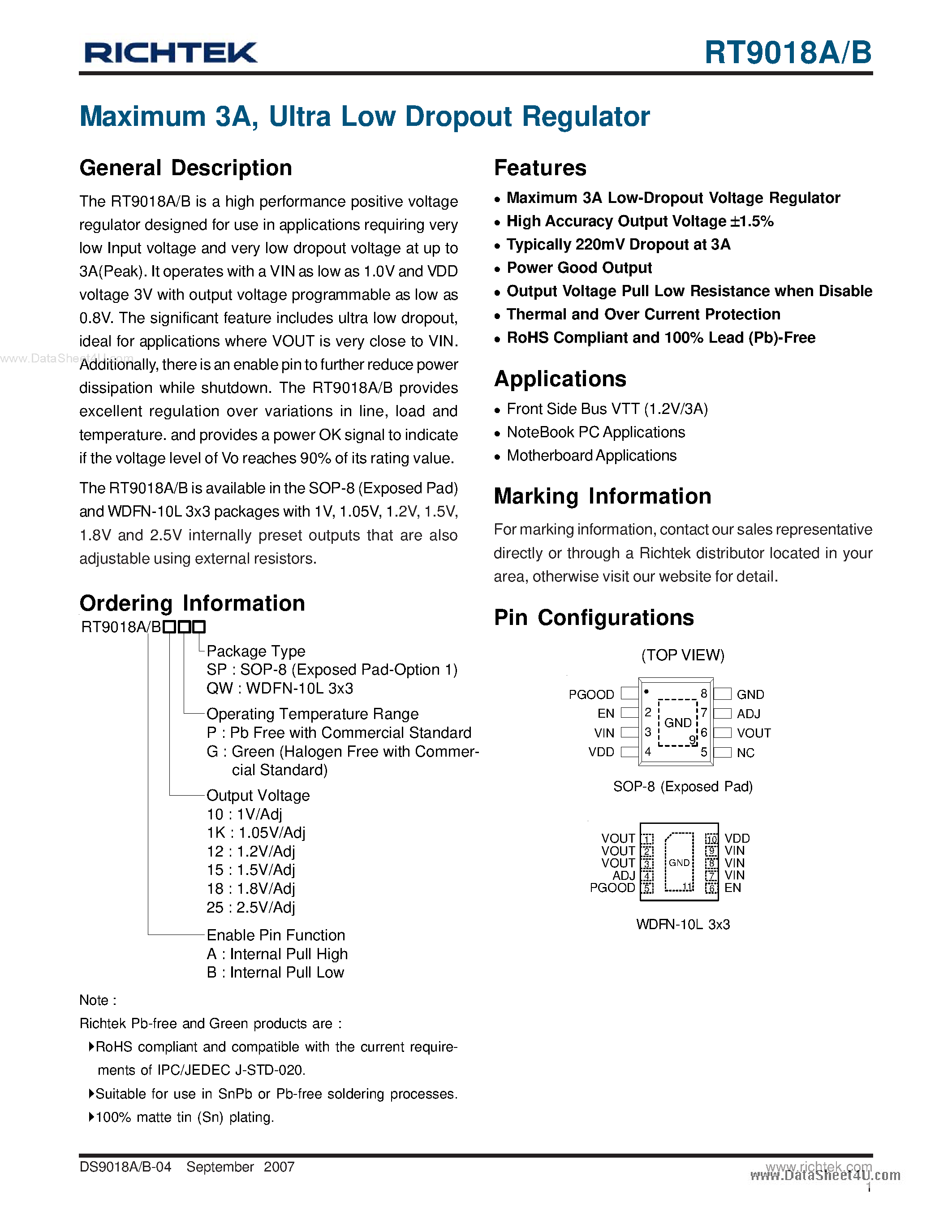 Даташит на микросхему RT9018A страница 1 Даташит RT9018A - (RT9018A / RT9018B) Ultra Low Dropout Regulator страница 1