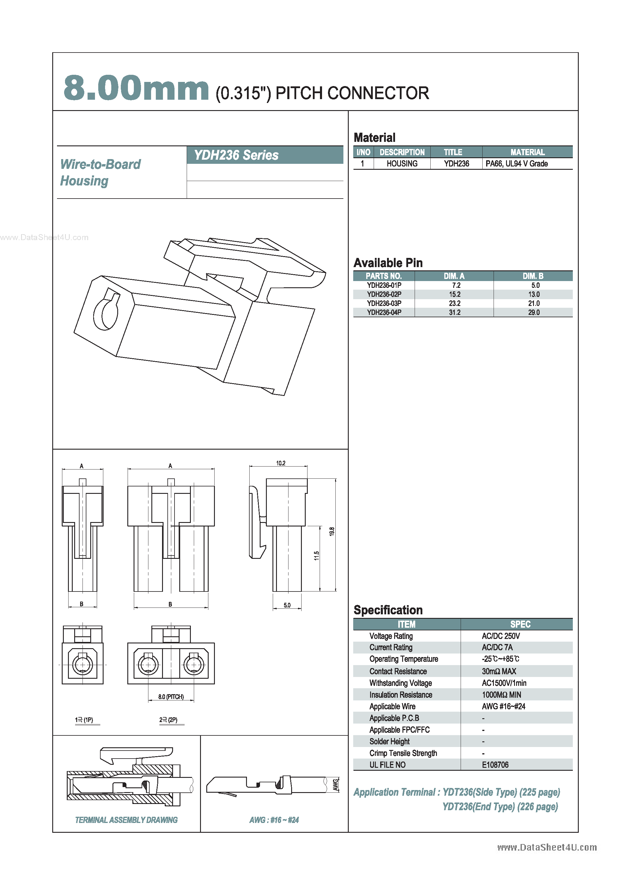 Datasheet YDH236 - 8.00mm PITCH CONNECTOR page 1