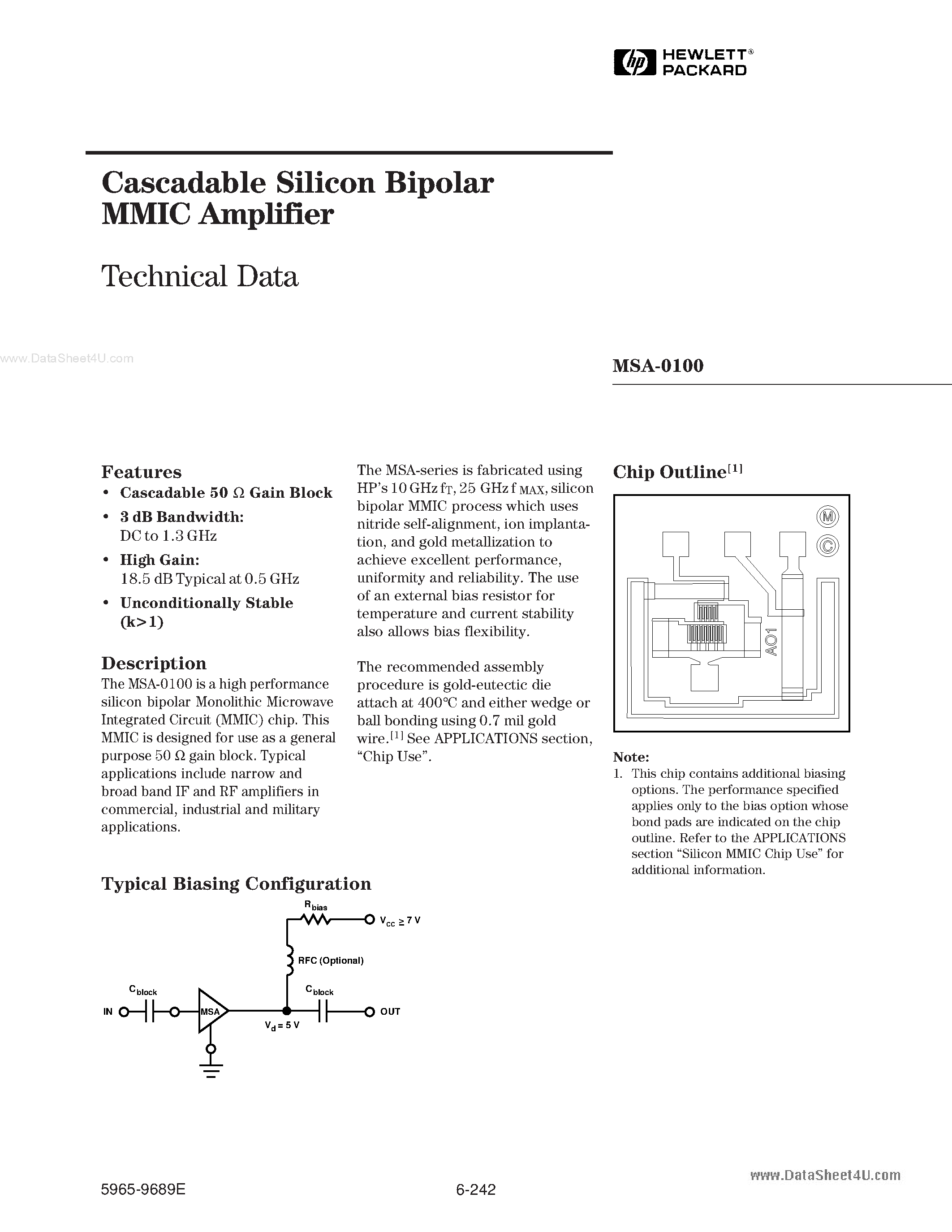 Даташит на микросхему MSA-0100 страница 1 Даташит MSA-0100 - Cascadable Silicon Bipolar MMIC Amplifier страница 1