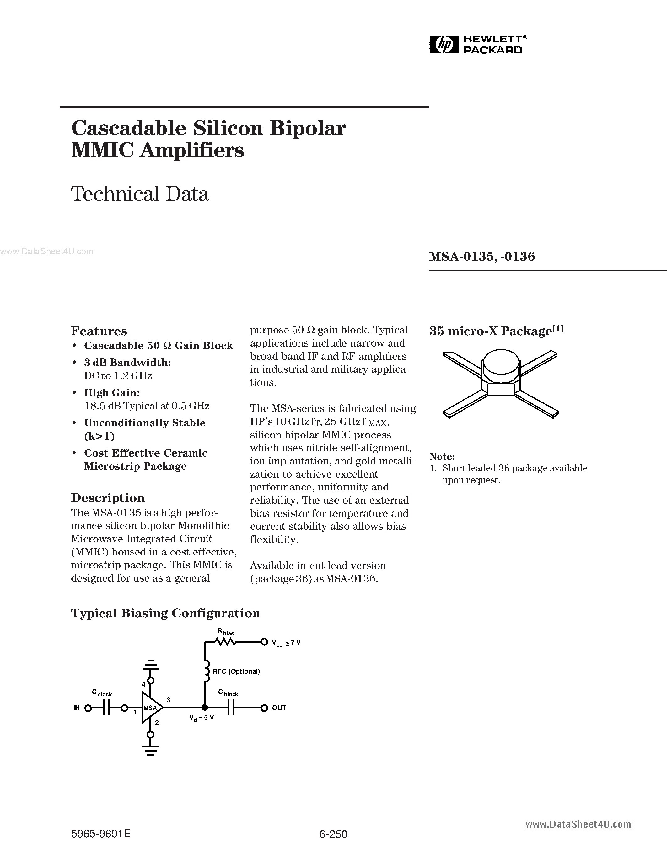 Даташит MSA-0135-(MSA-0135 / MSA-0136) Cascadable Silicon Bipolar MMIC Amplifier страница 1