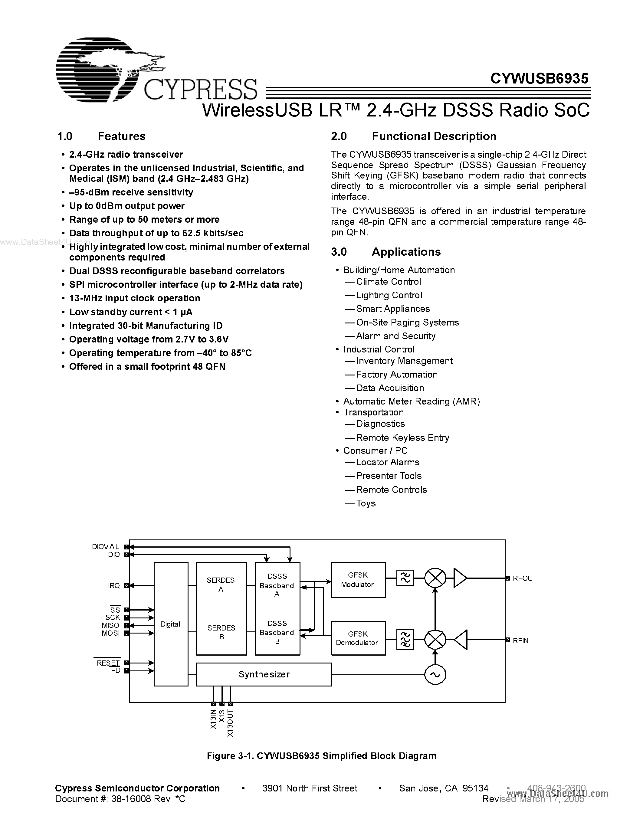 Datasheet CYWUSB6935 page 1 Datasheet CYWUSB6935 - WirelessUSB LRTM 2.4-GHz DSSS Radio SoC page 1