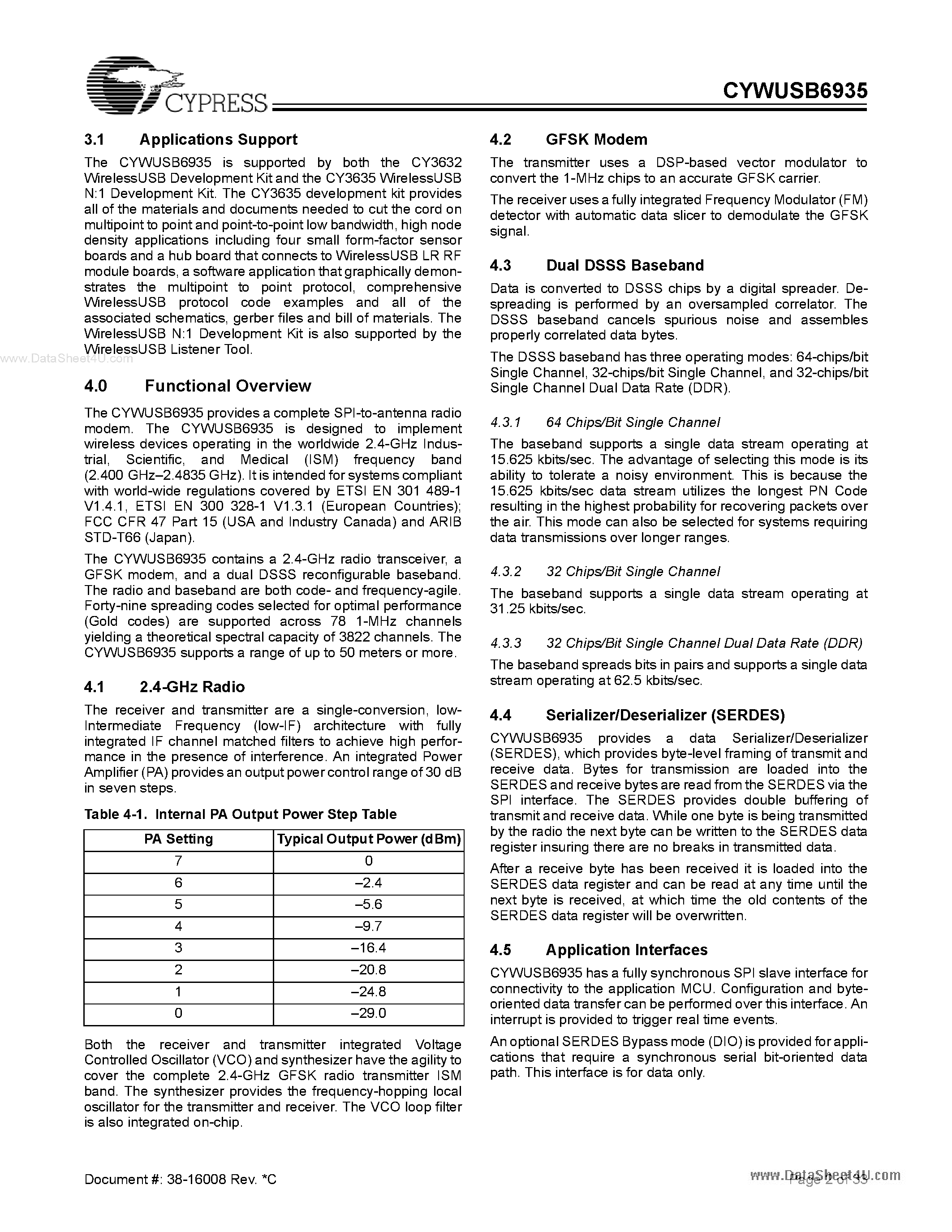 Datasheet CYWUSB6935 page 2 Datasheet CYWUSB6935 - WirelessUSB LRTM 2.4-GHz DSSS Radio SoC page 2