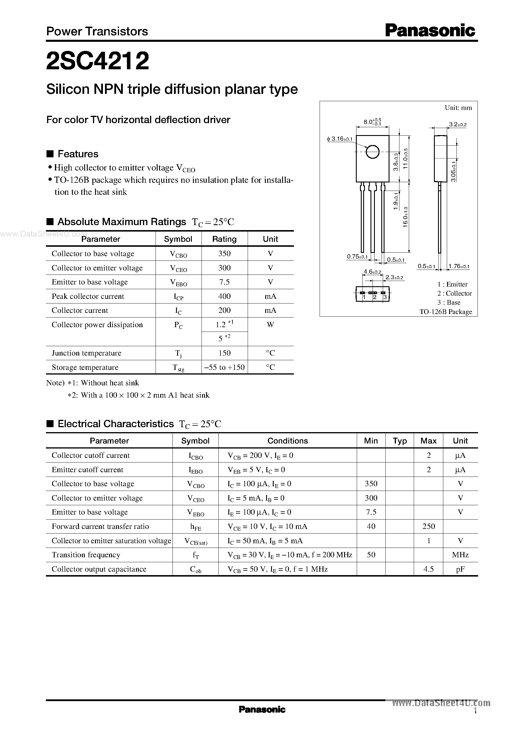 Datasheet 2SC4212 - Silicon NPN triple diffusion planar type page 1